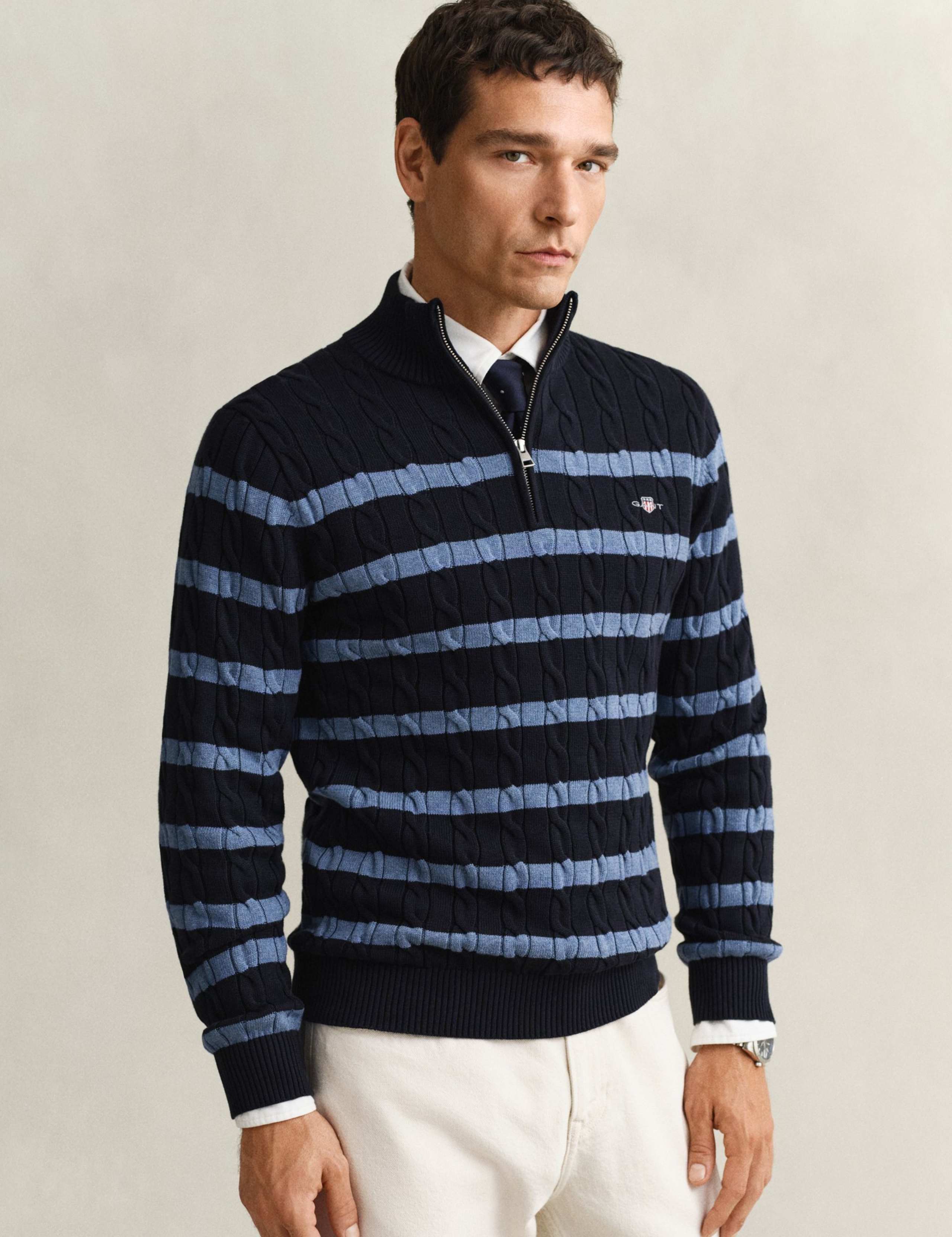 Pure Cotton Striped Half Zip Cable Jumper 1 of 5
