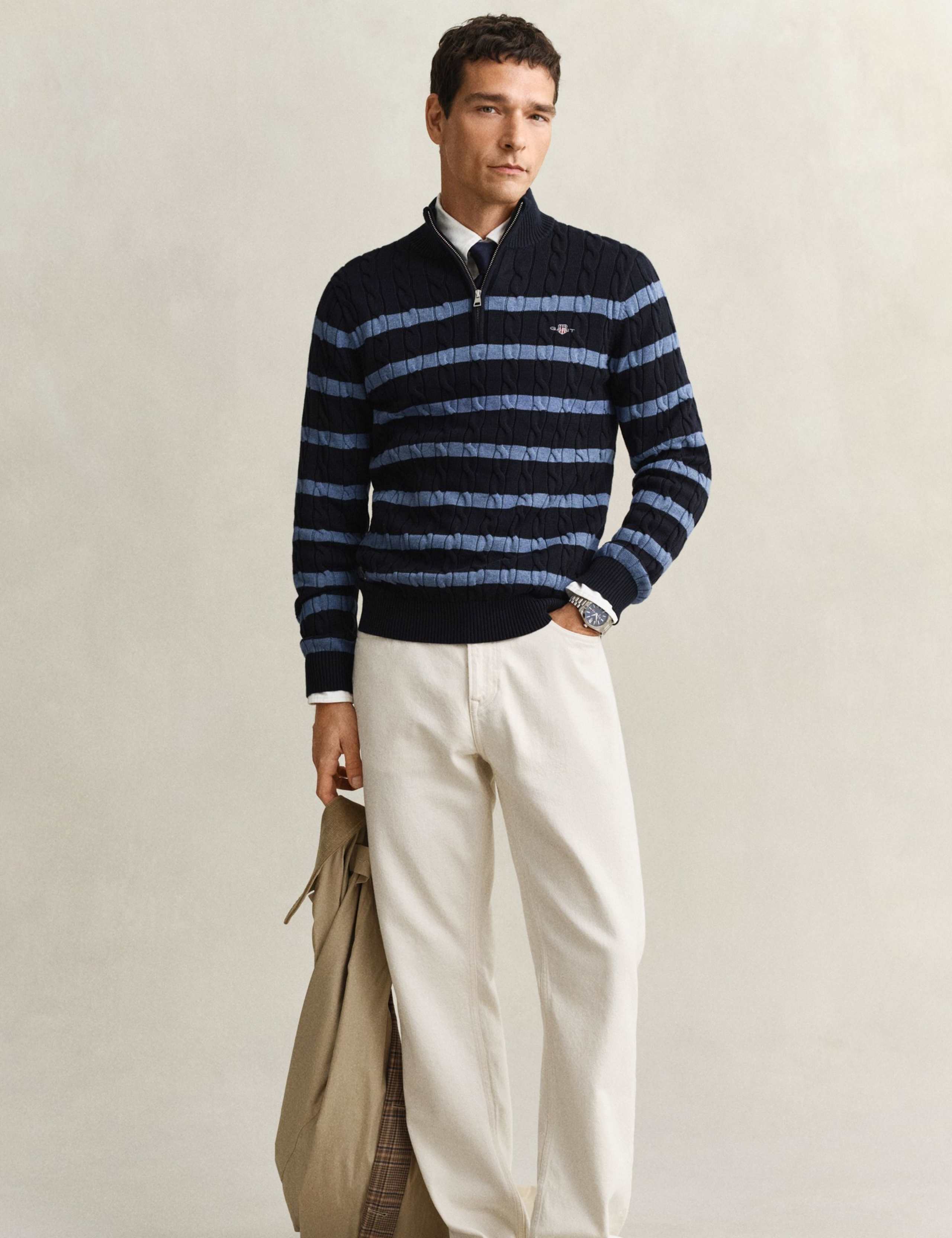 Pure Cotton Striped Half Zip Cable Jumper 5 of 5