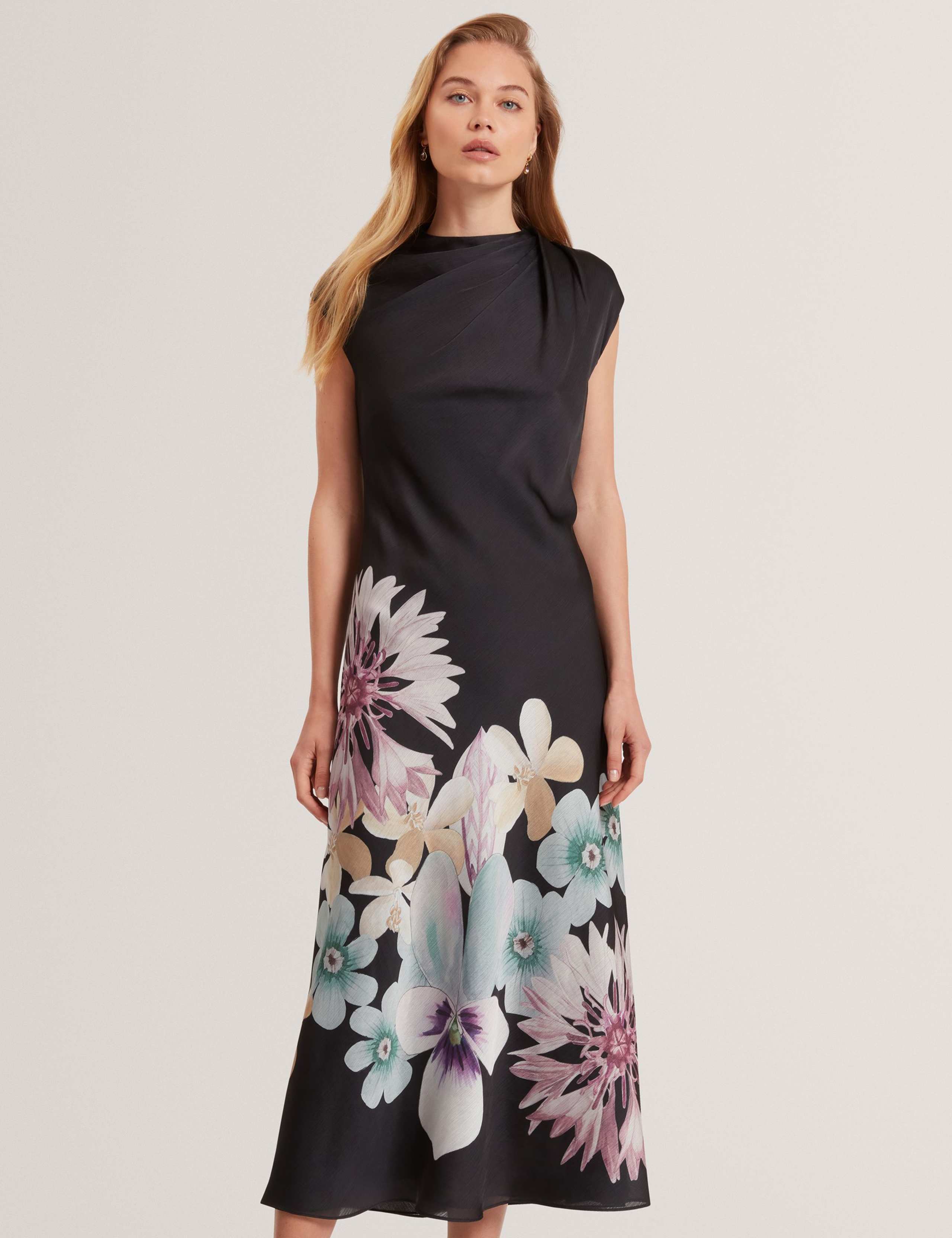 Floral Draped Neck Midi Bodycon Dress 2 of 4