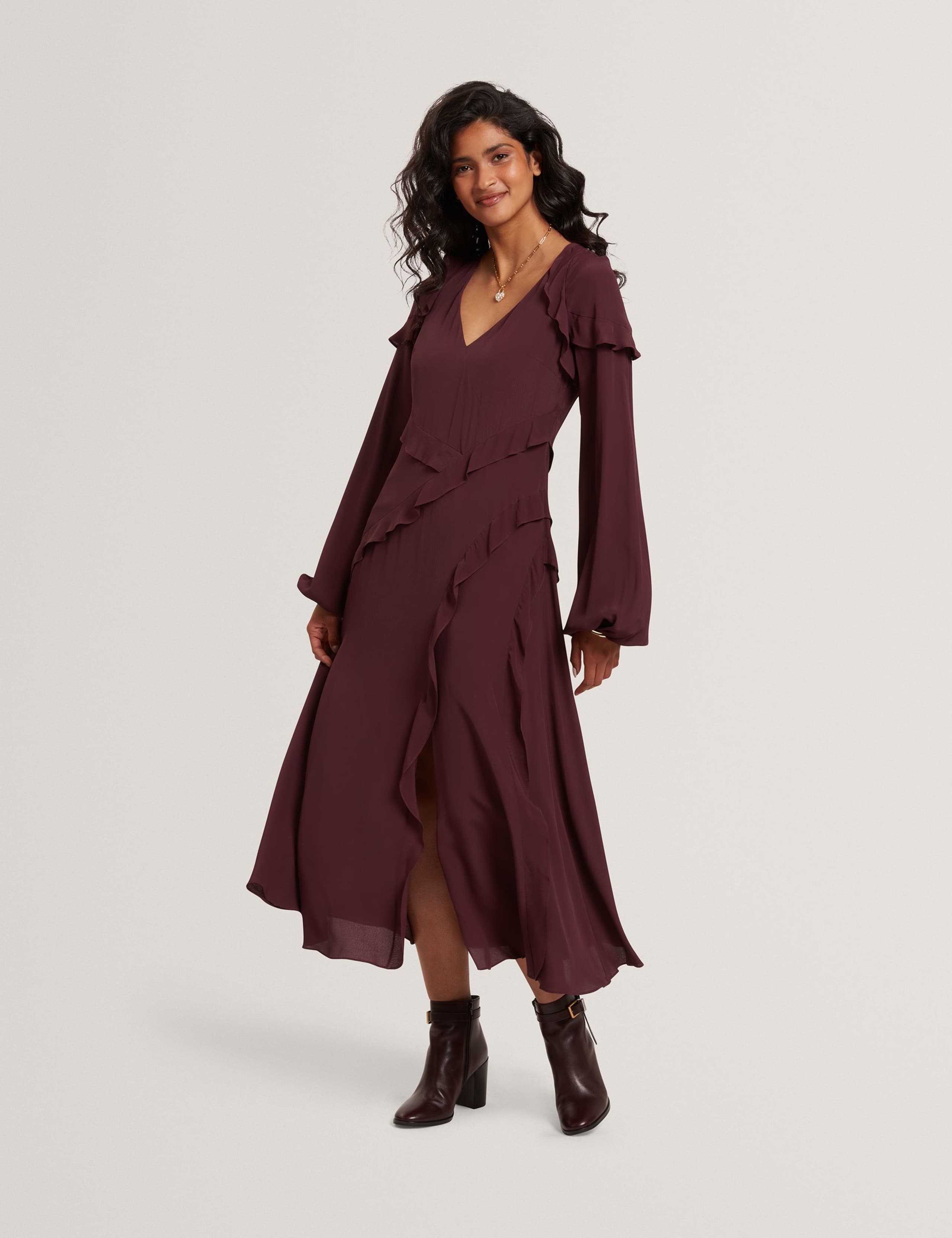 V-Neck Frill Detail Midi Tiered Dress 2 of 4