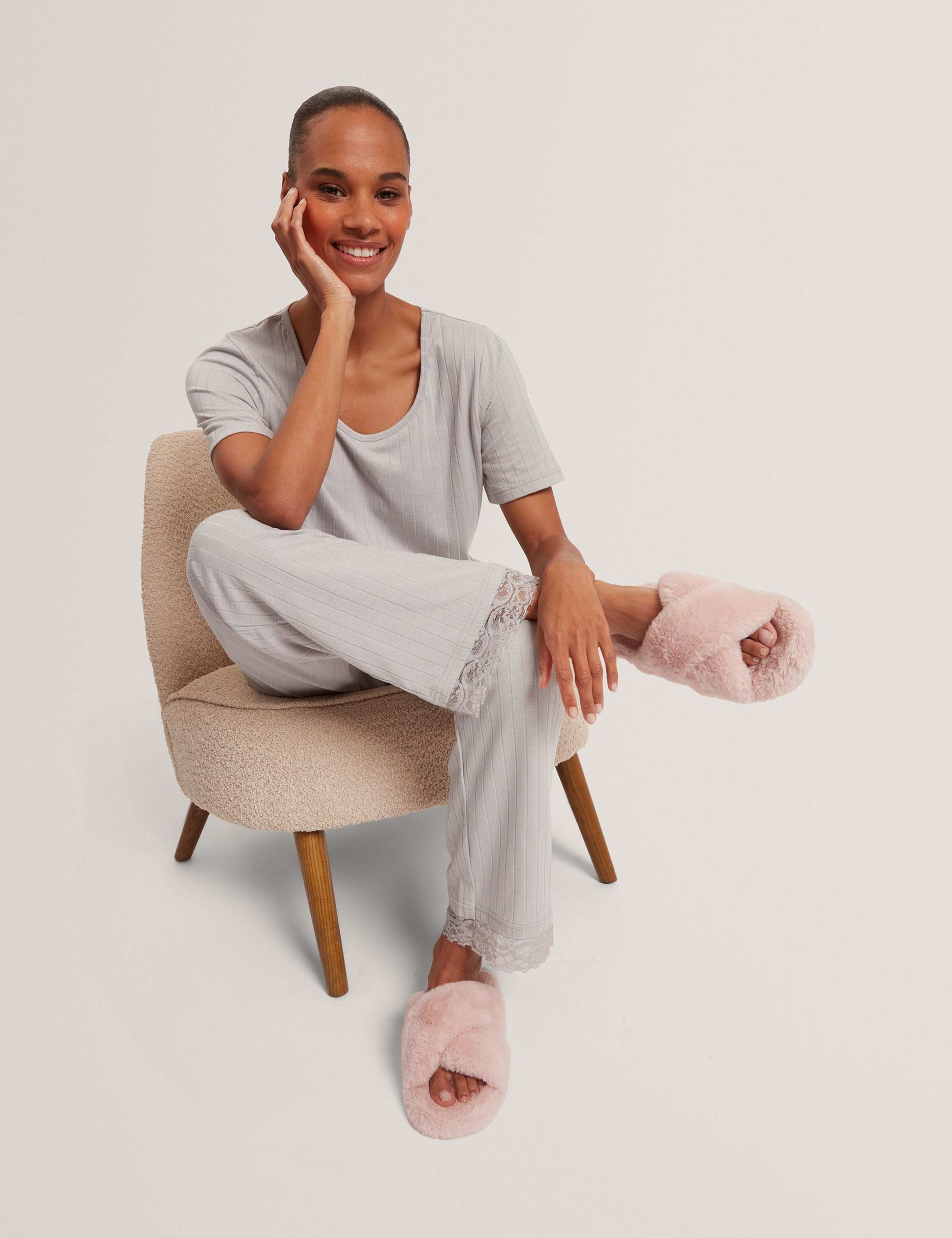 Faux Fur Crossover Open Toe Slippers 1 of 4