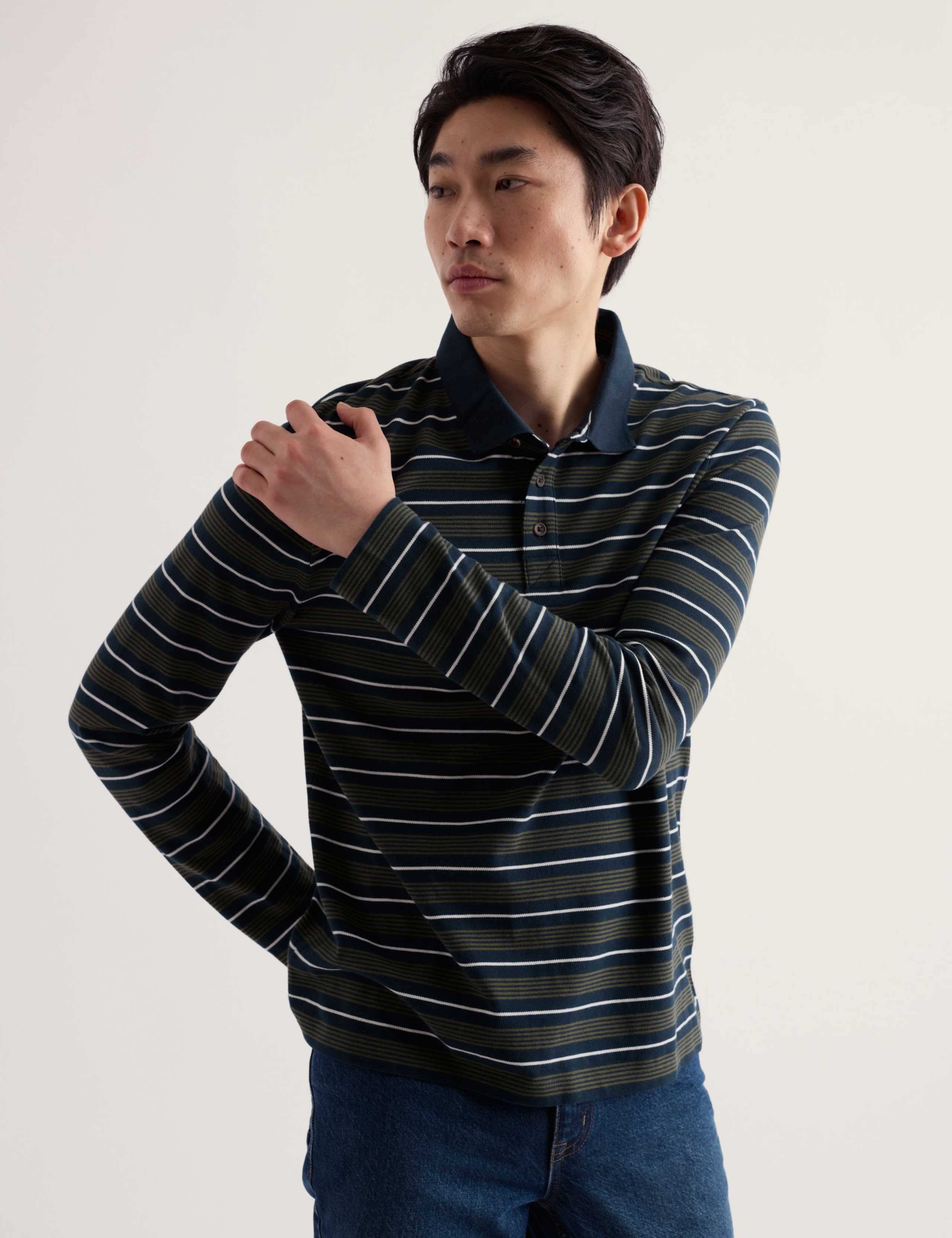 Pure Cotton Striped Long Sleeve Polo Shirt 1 of 5
