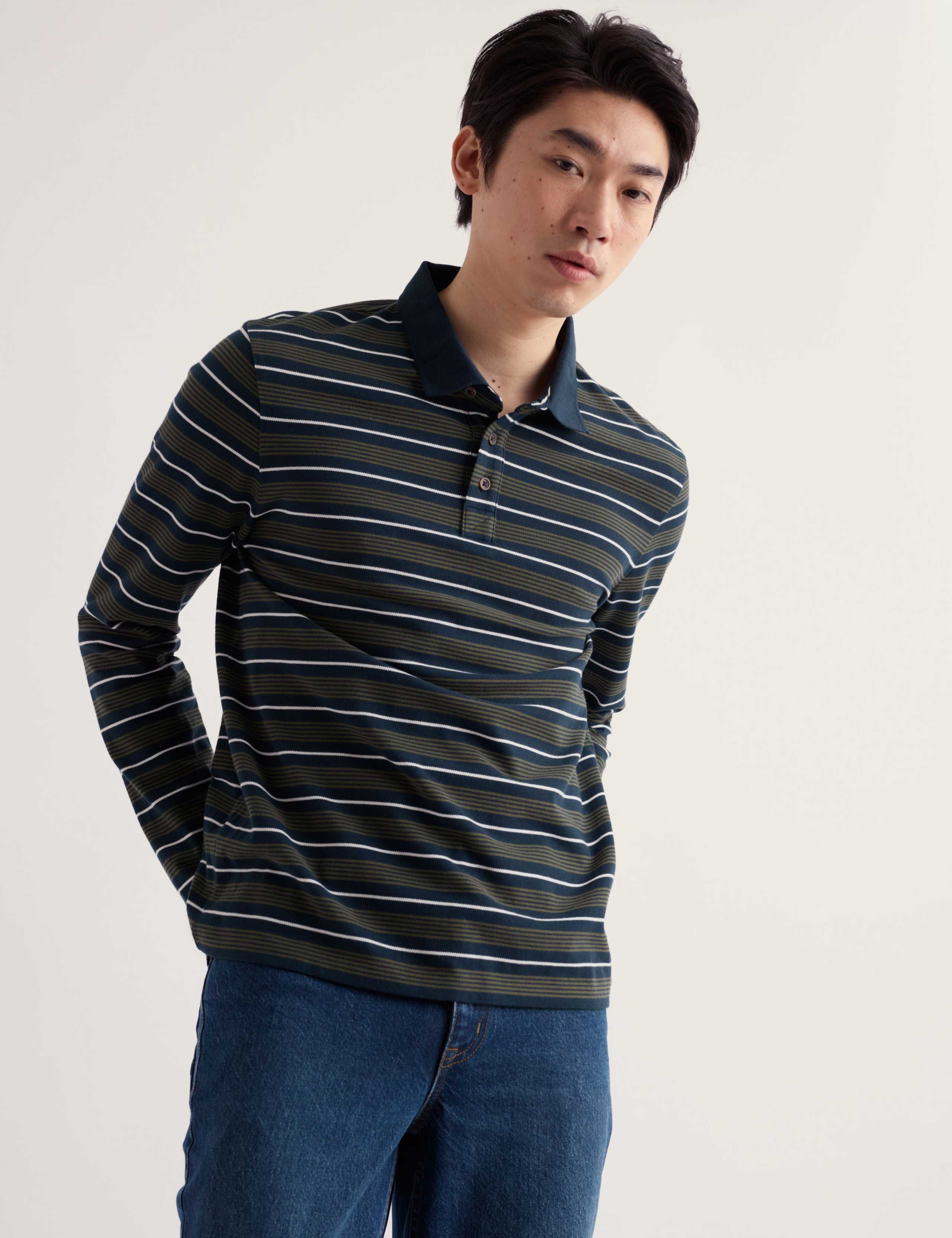 Pure Cotton Striped Long Sleeve Polo Shirt 3 of 5