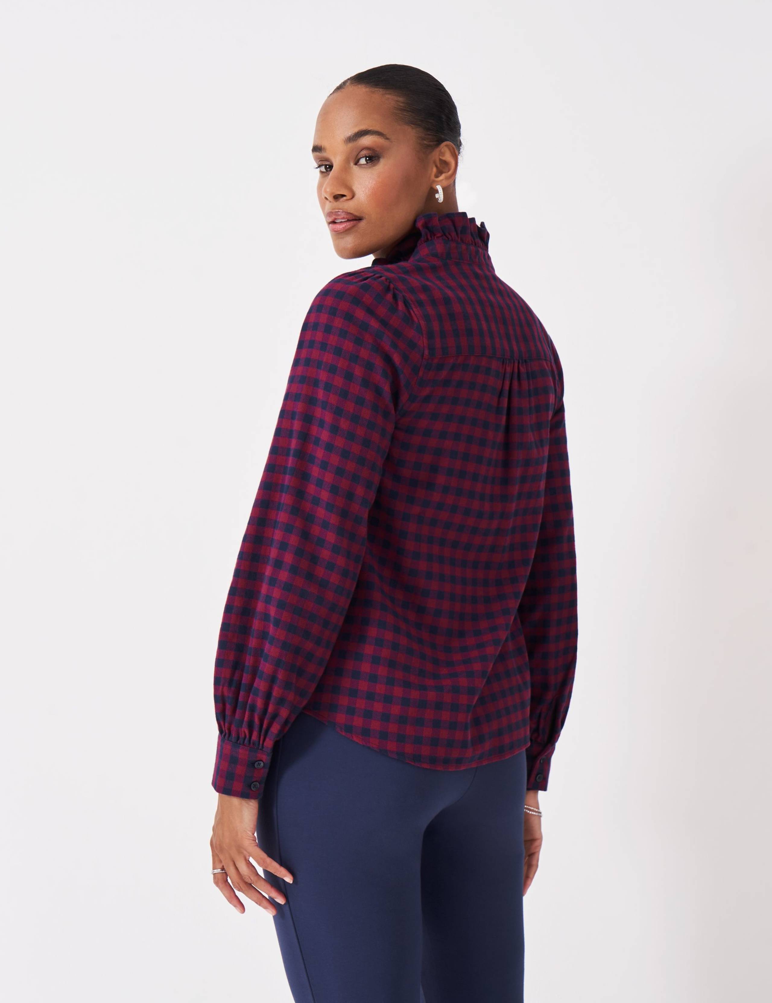 Pure Cotton Checked Frill Neck Blouse 4 of 5