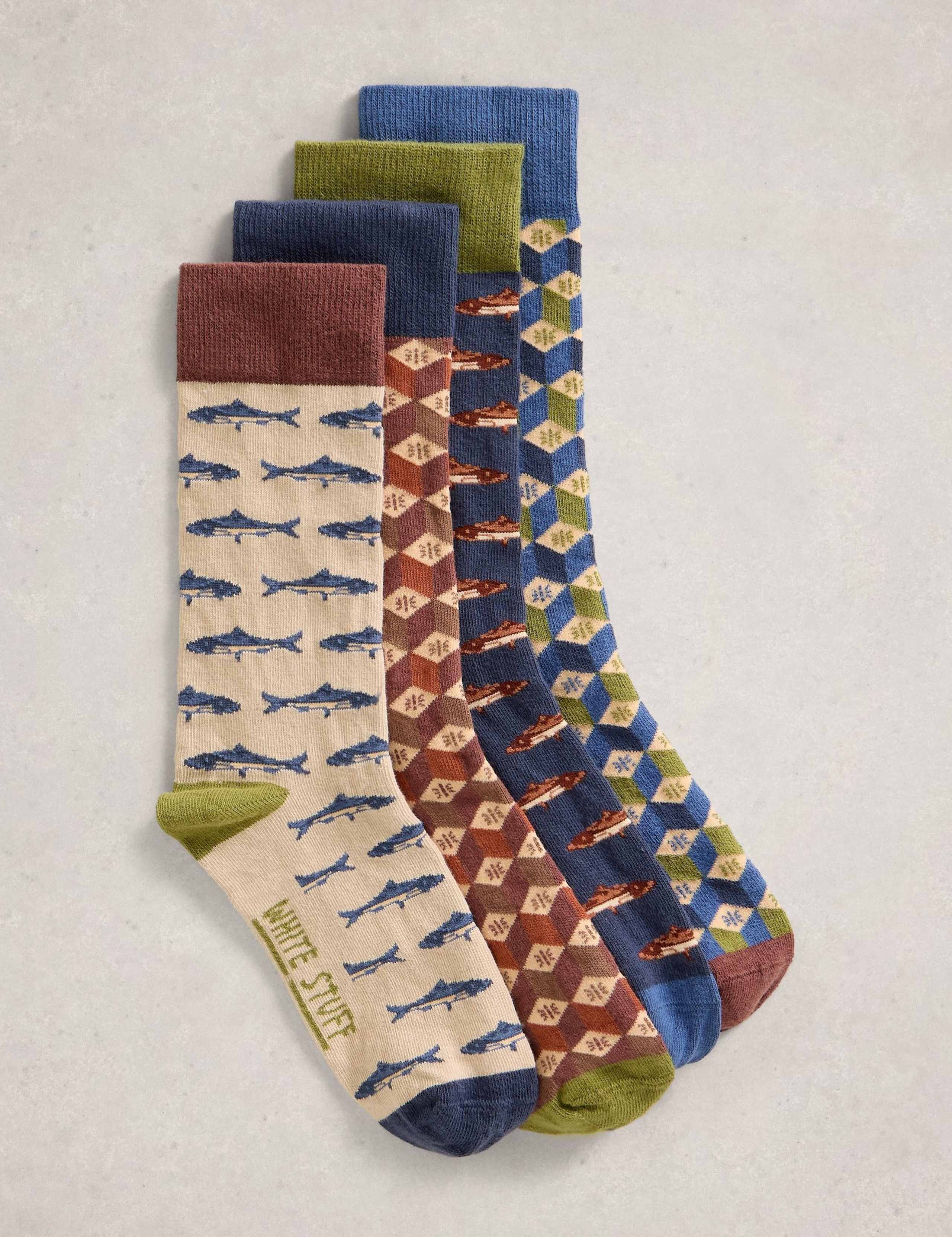 4 Pack Fish Pattern Cotton Rich Socks 4 of 4