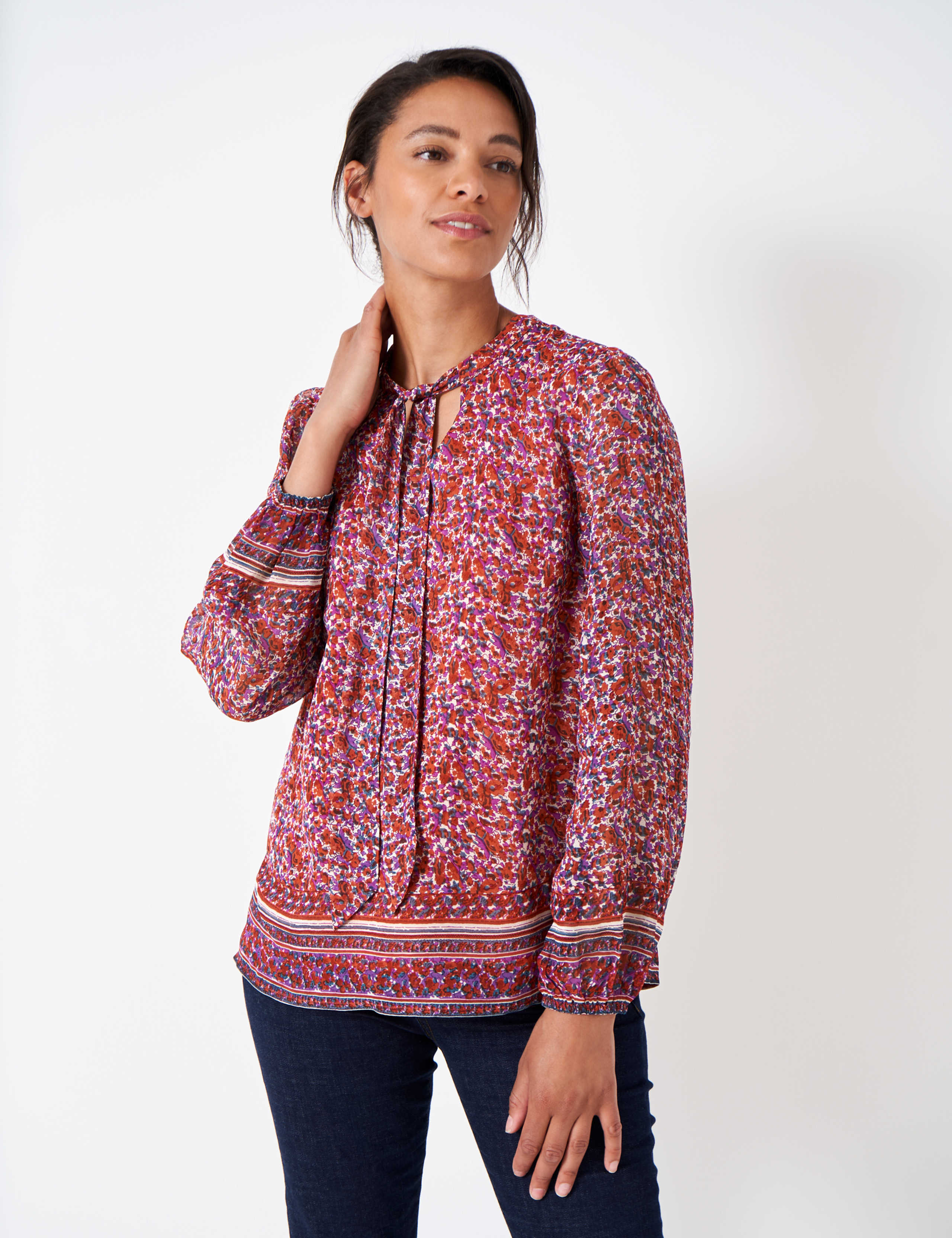 Printed Tie Neck Blouson Sleeve Blouse 1 of 5
