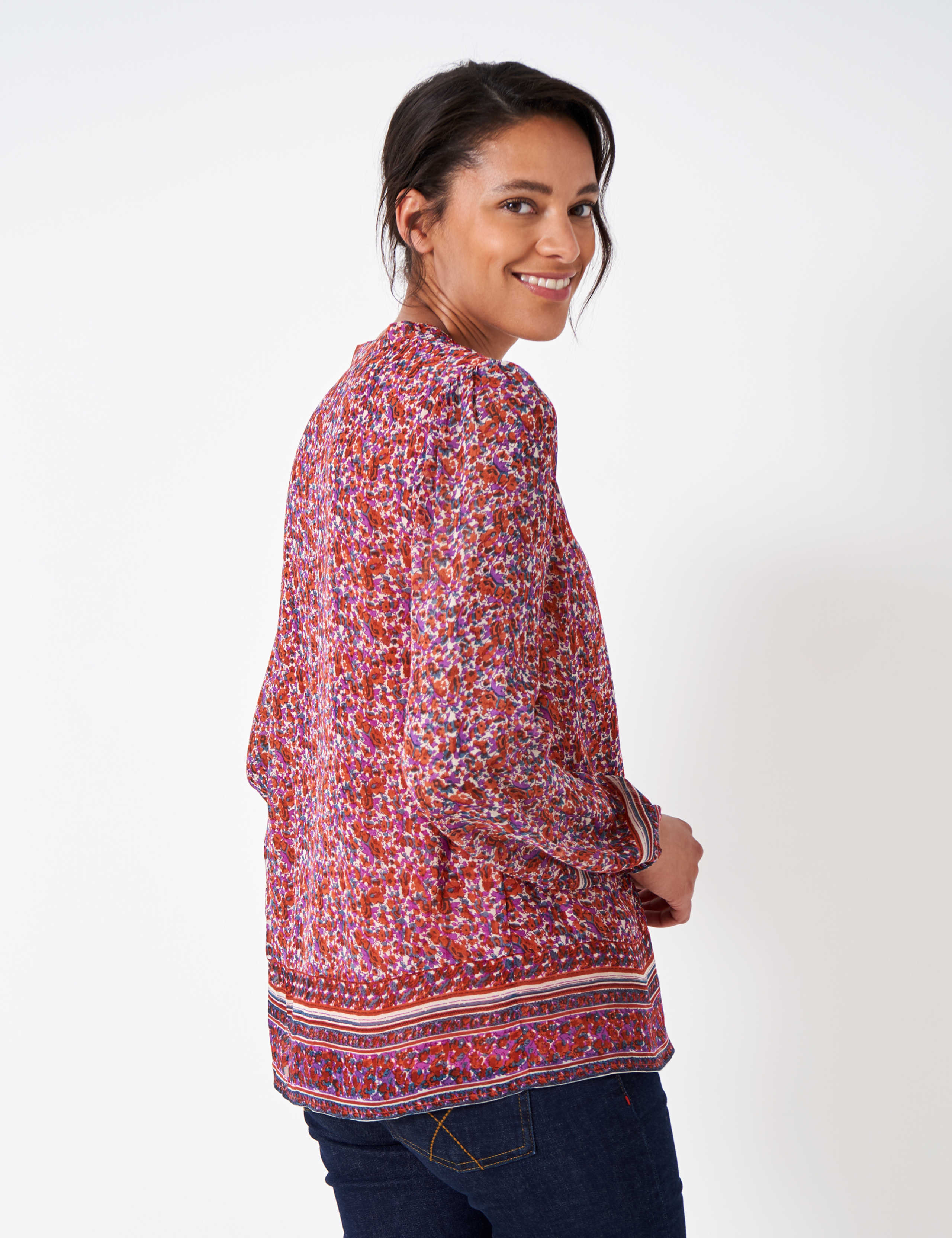 Printed Tie Neck Blouson Sleeve Blouse 4 of 5