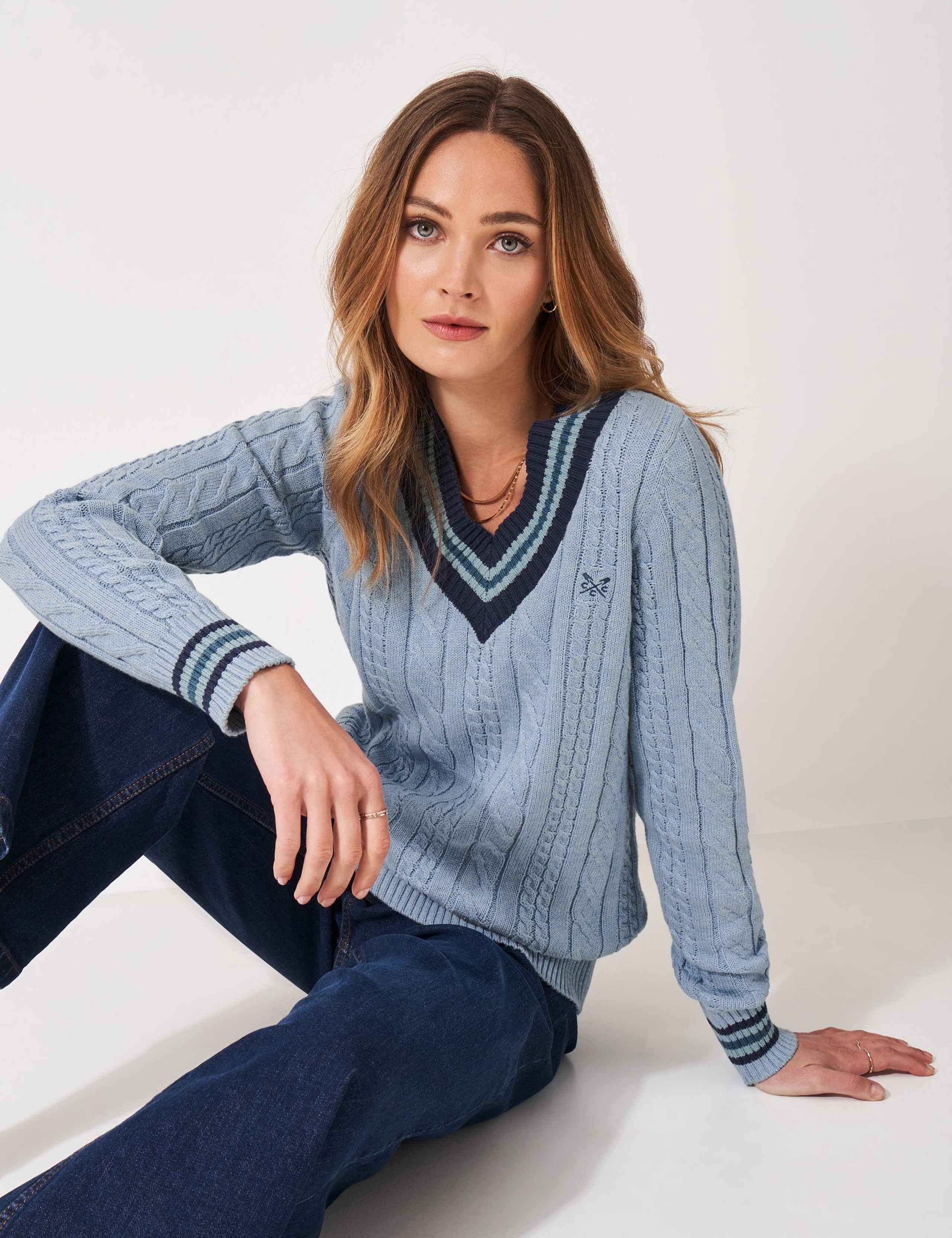 Pure Cotton Cable Knit Stripe V-Knit Jumper 3 of 5