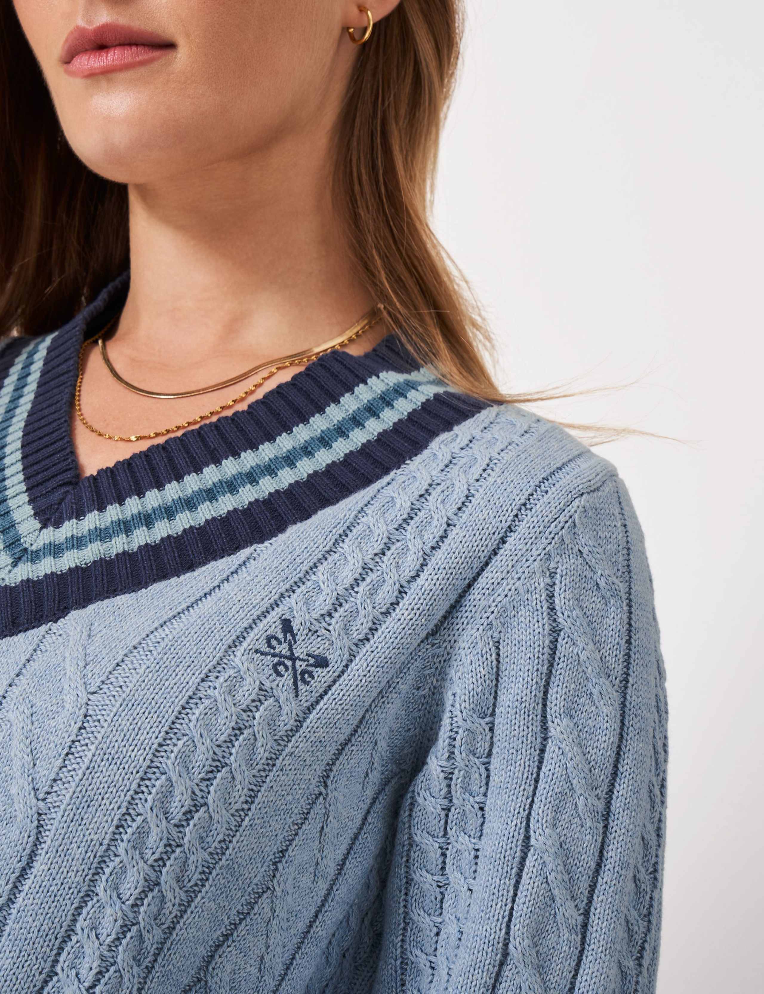 Pure Cotton Cable Knit Stripe V-Knit Jumper 5 of 5