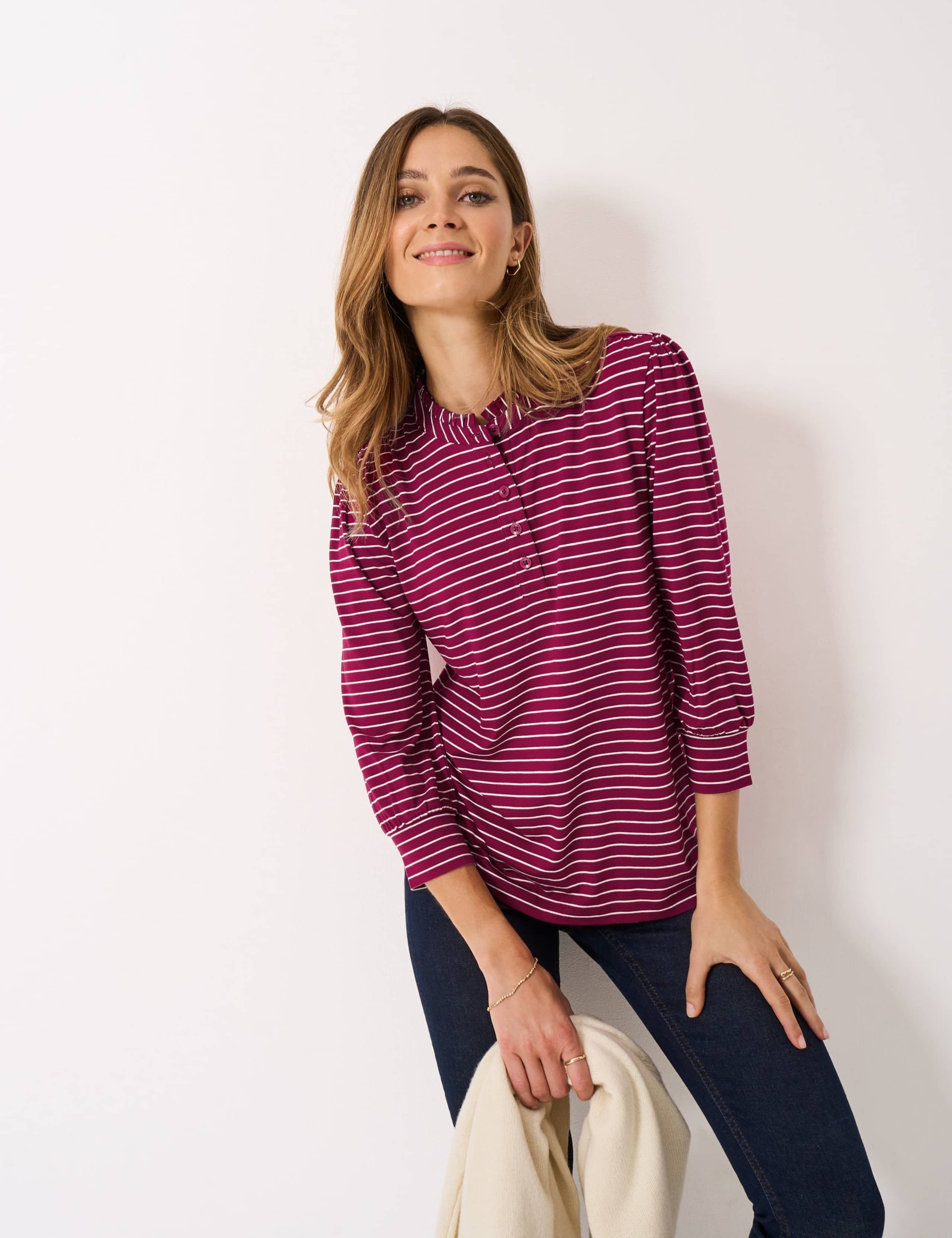 Jersey Striped Frill Neck Blouse 1 of 5
