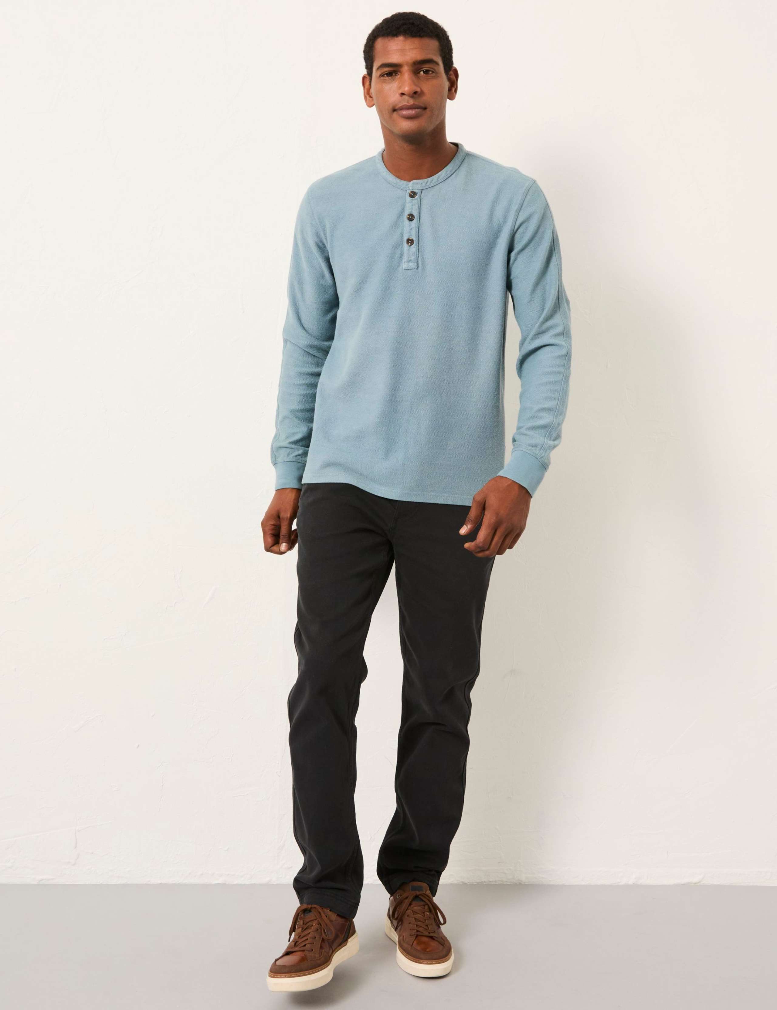 Pure Cotton Herringbone Henley T-Shirt 1 of 4
