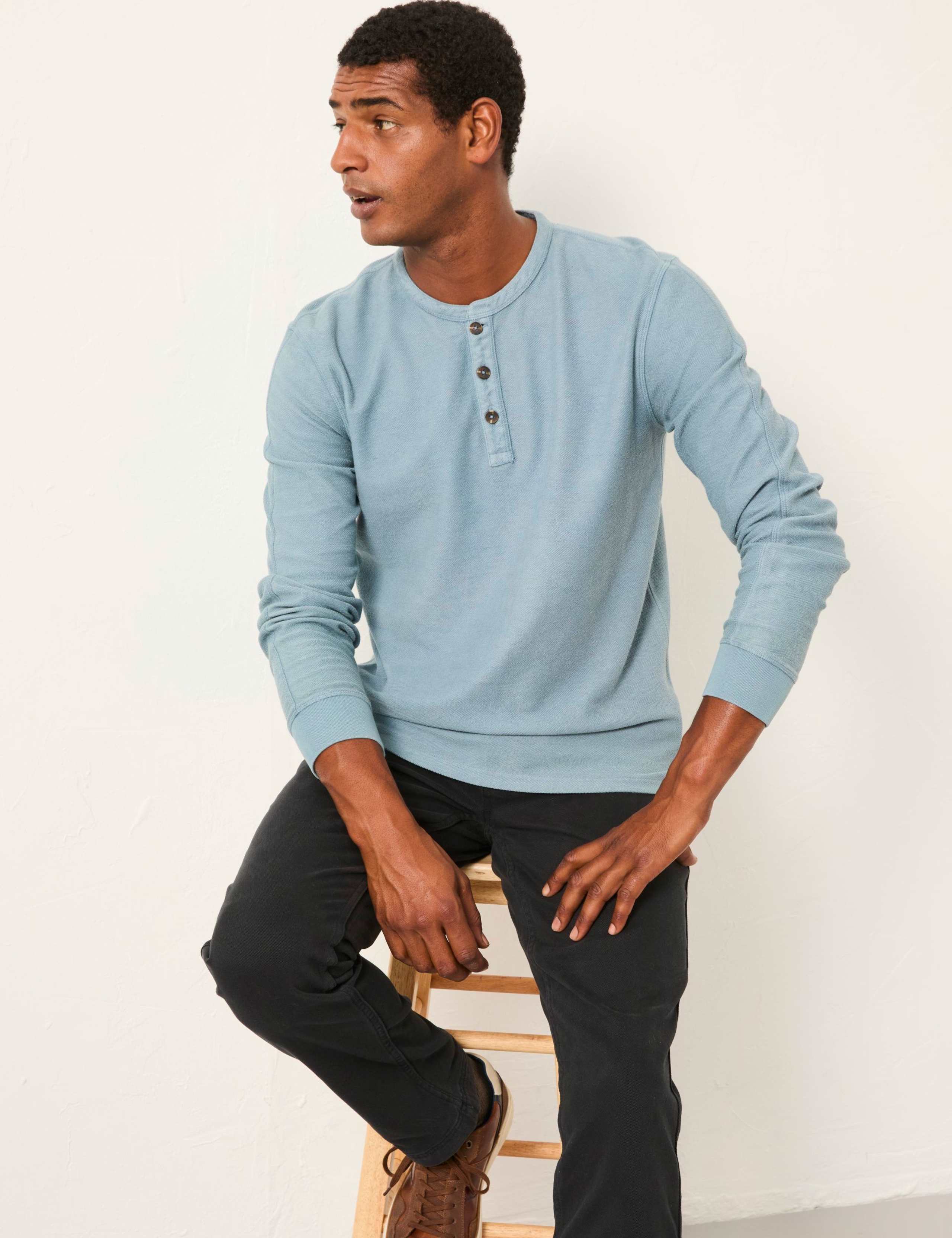Pure Cotton Herringbone Henley T-Shirt 3 of 4