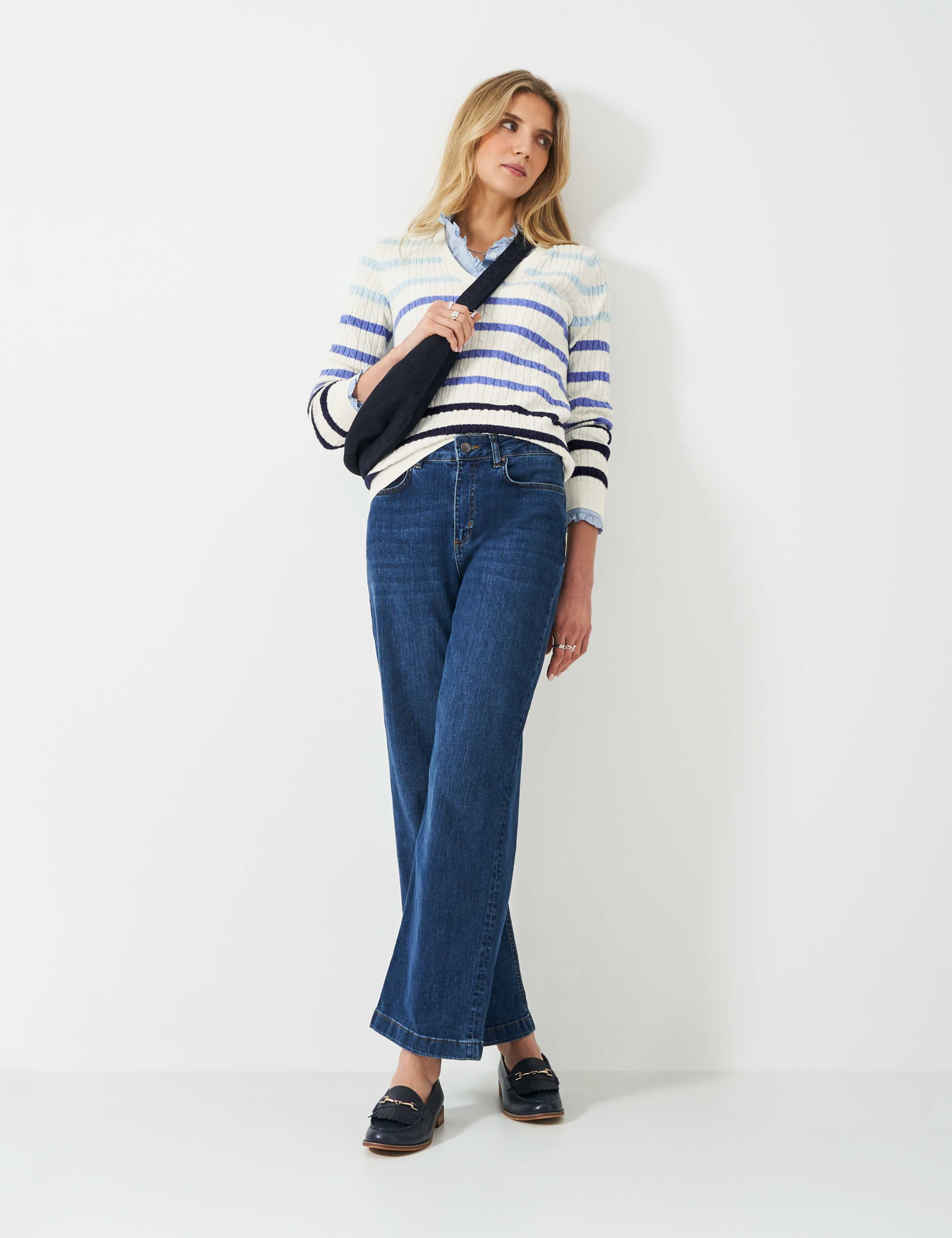 Cotton Rich Striped Cable Knit V-Neck Jumper 3 of 5
