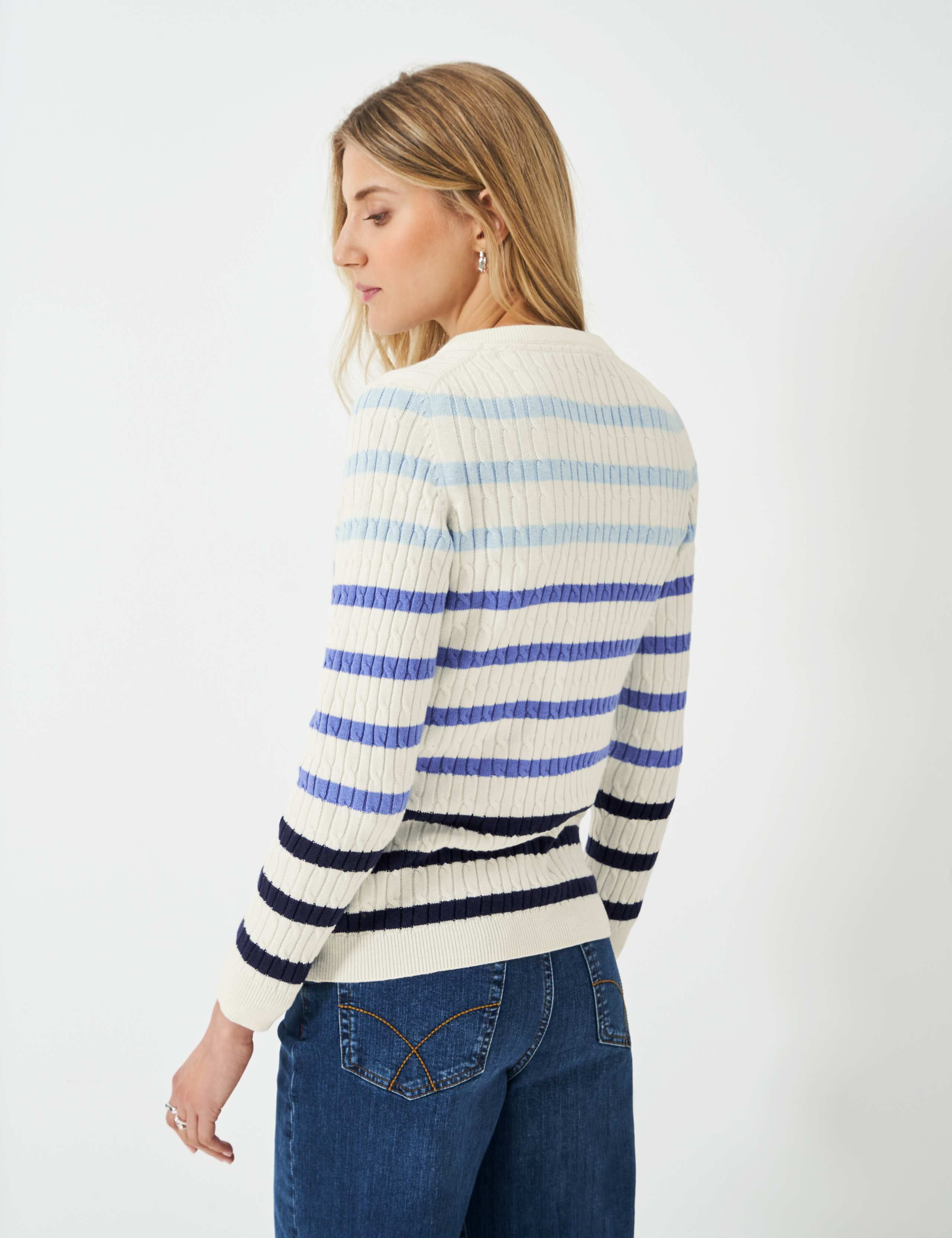 Cotton Rich Striped Cable Knit V-Neck Jumper 4 of 5