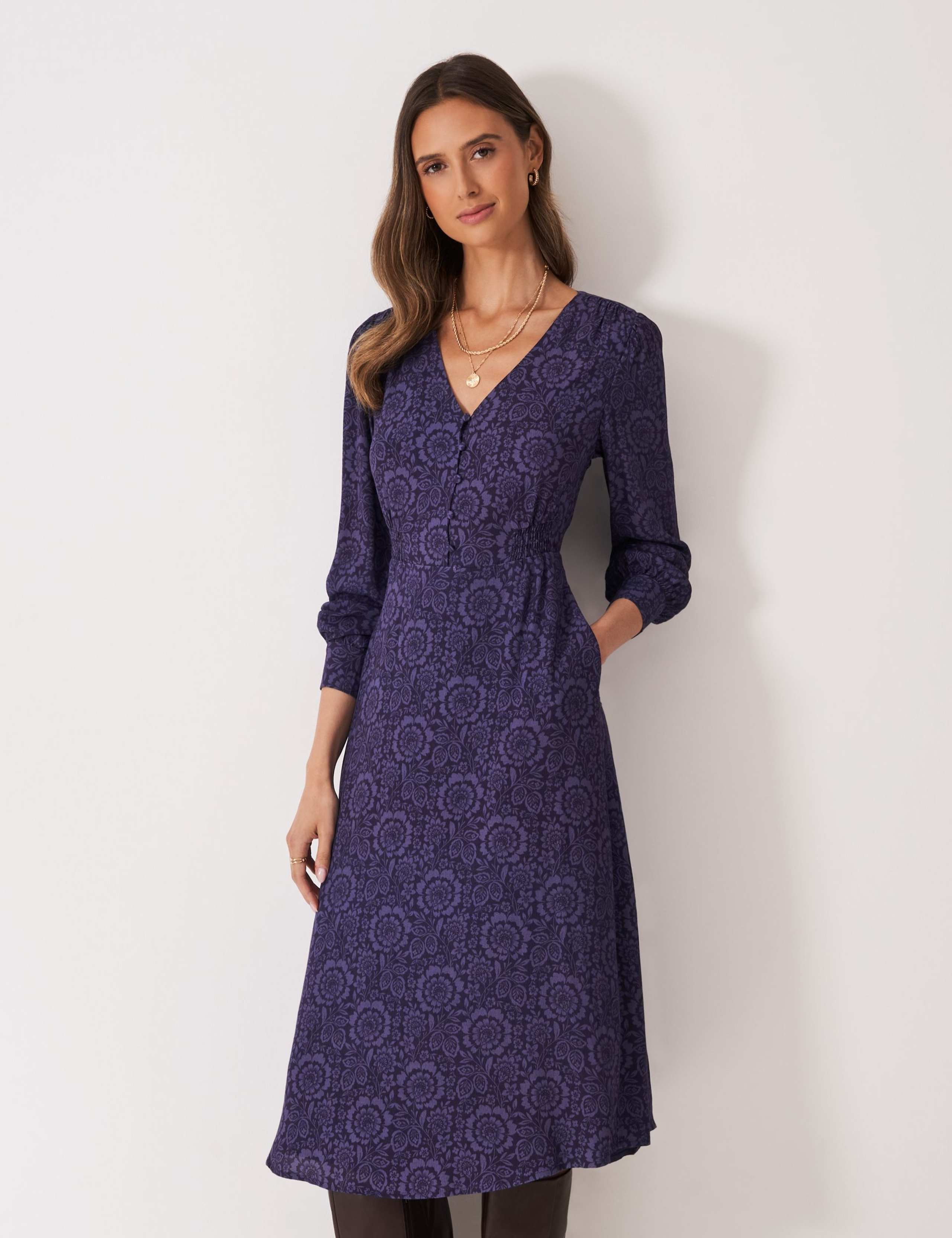 Floral V-Neck Midi Shirred Tea Dress 3 of 5
