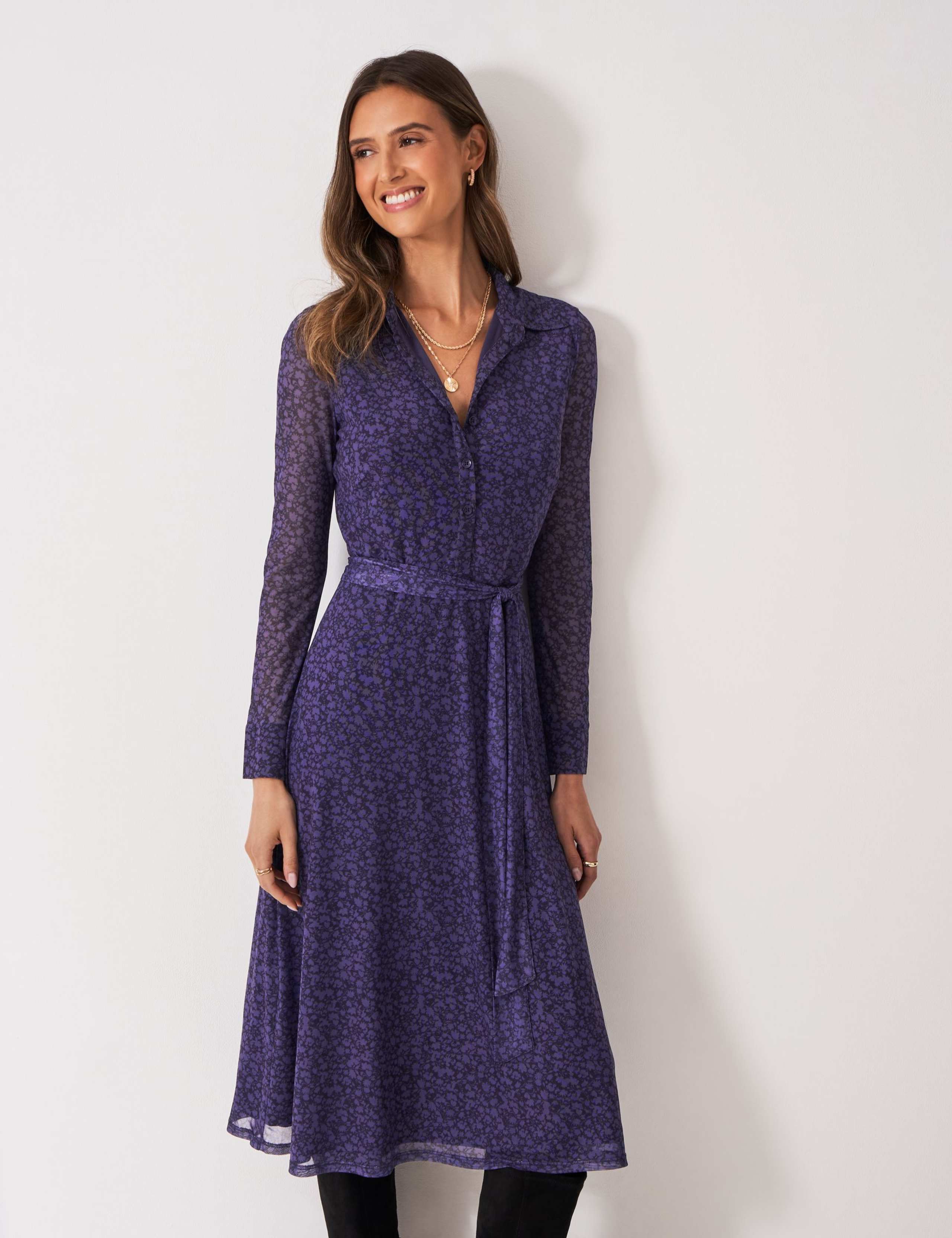 Mesh Jersey Printed Tie Waist Midi Shirt Dress 3 of 5