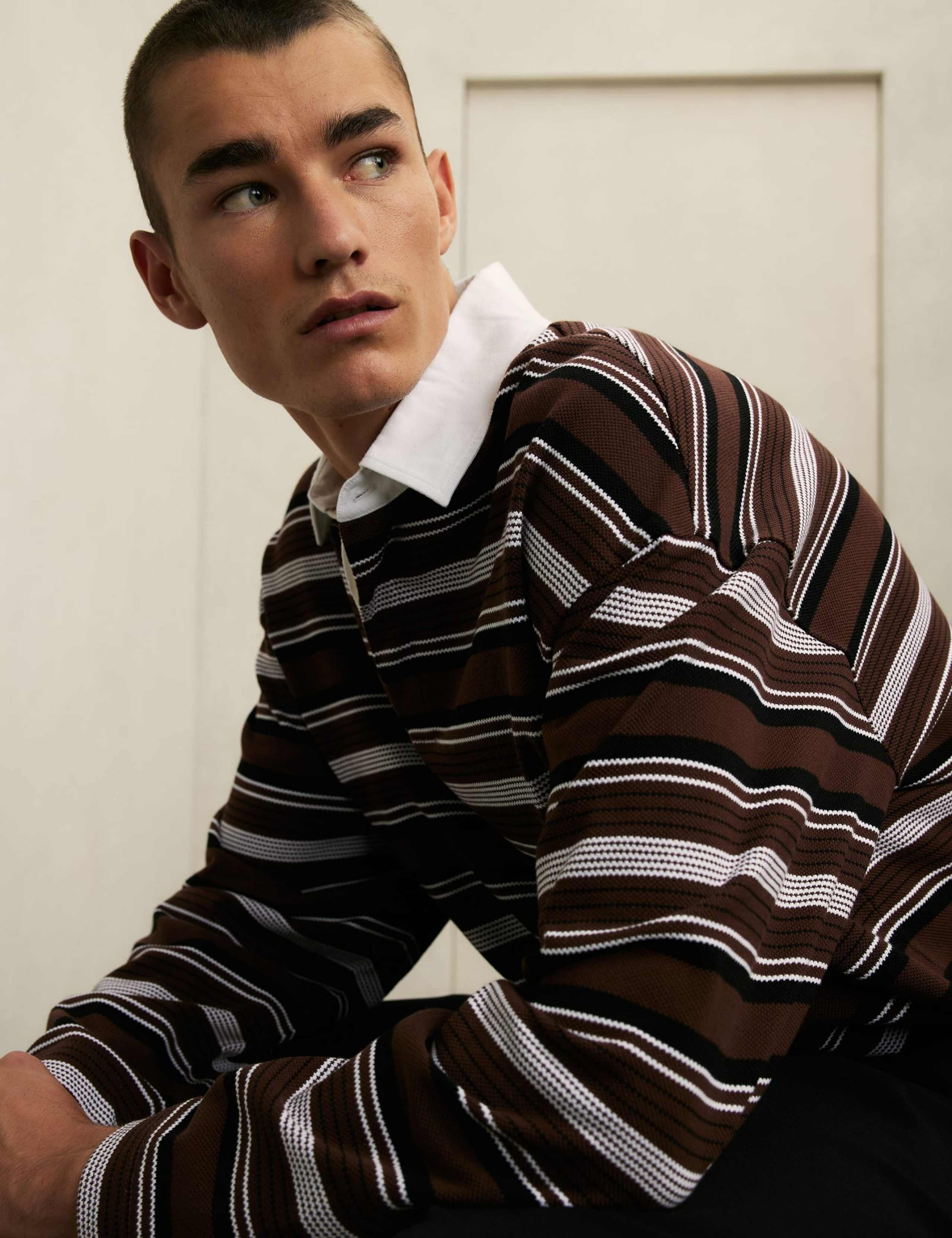 Oversized Pure Cotton Striped Long Sleeve Polo Shirt 4 of 6