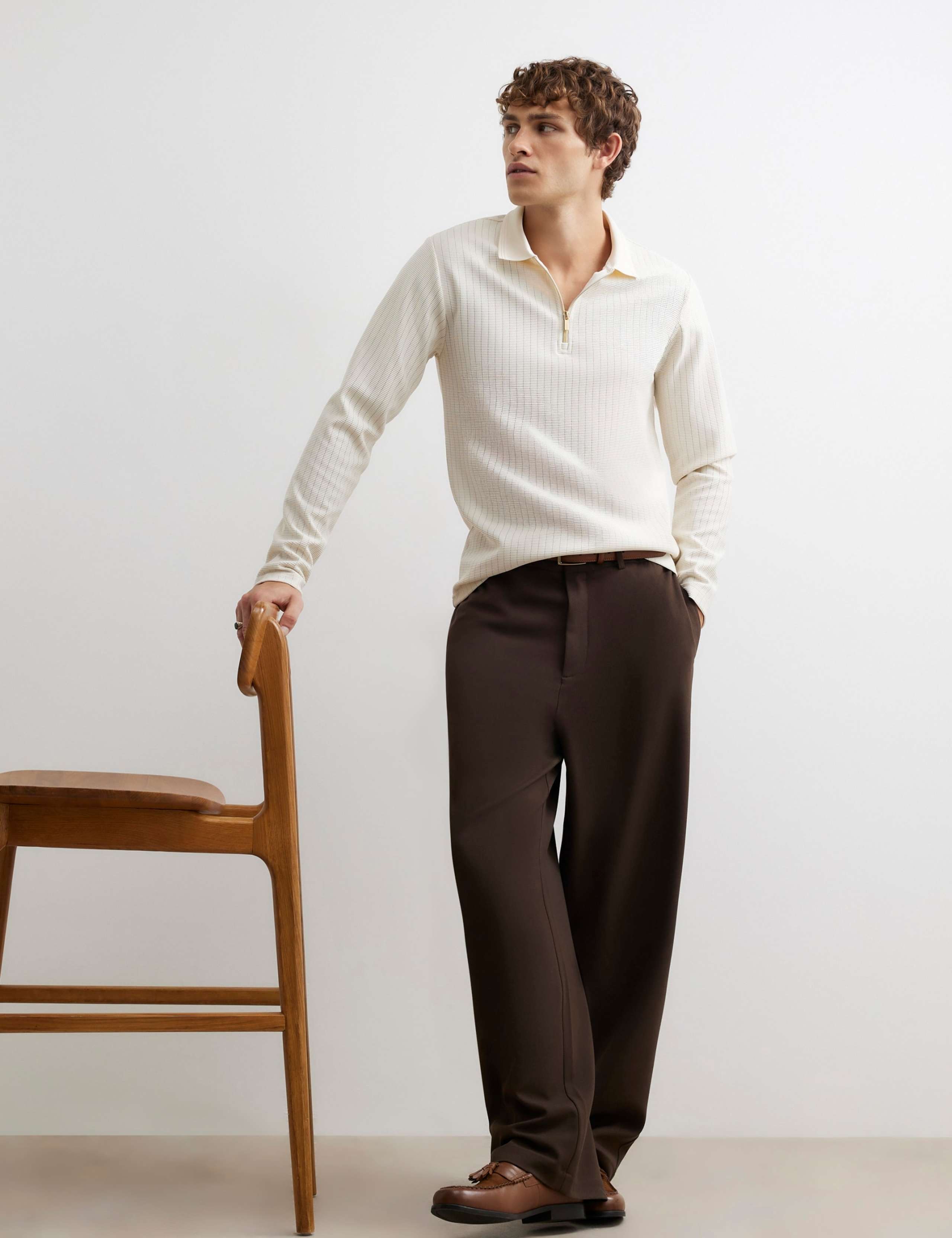 Textured Zip Up Long Sleeve Polo Shirt 2 of 6