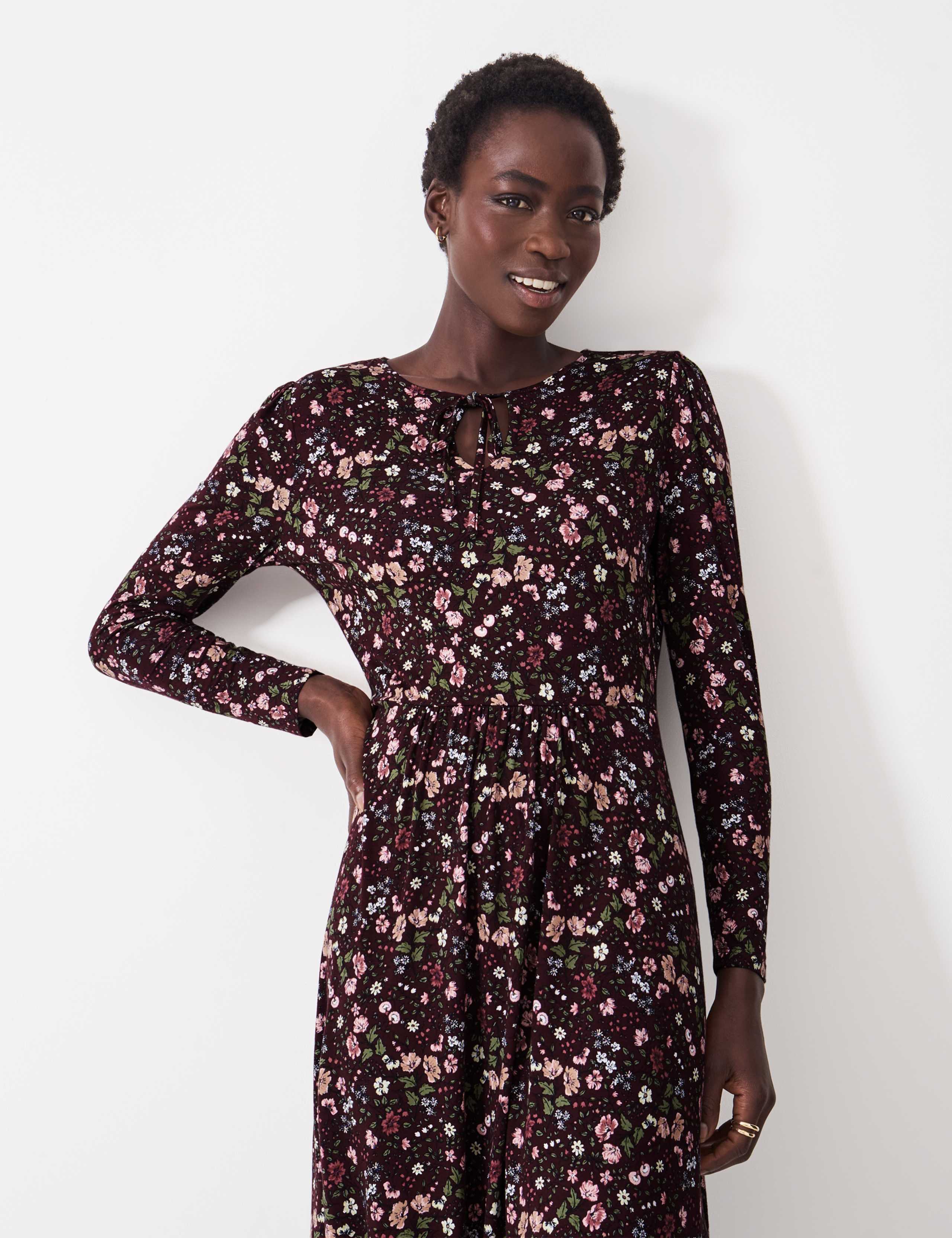 Jersey Floral Tie Neck Midi Tea Dress 3 of 5