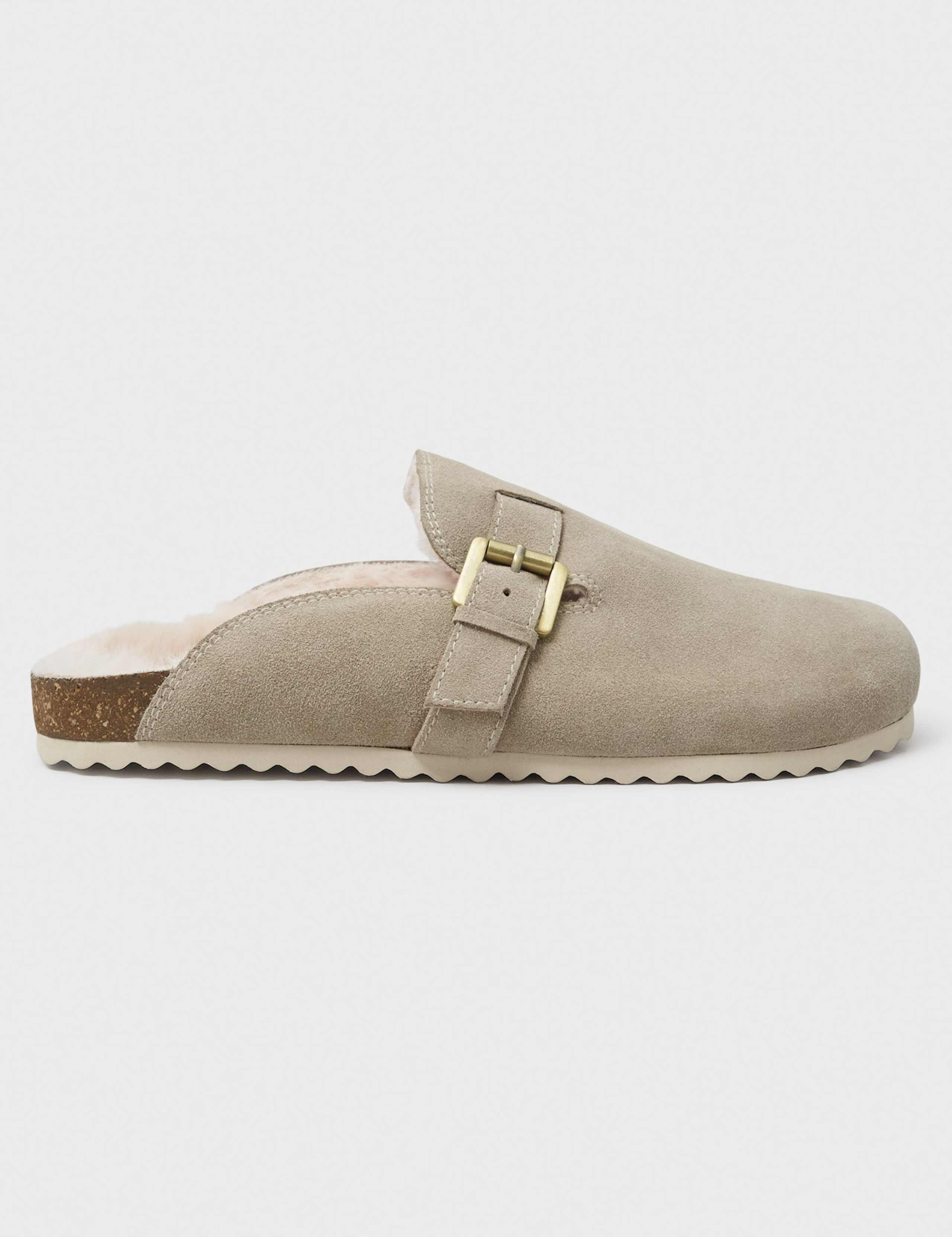 Suede Faux Fur Lined Buckle Mule Slippers 1 of 4