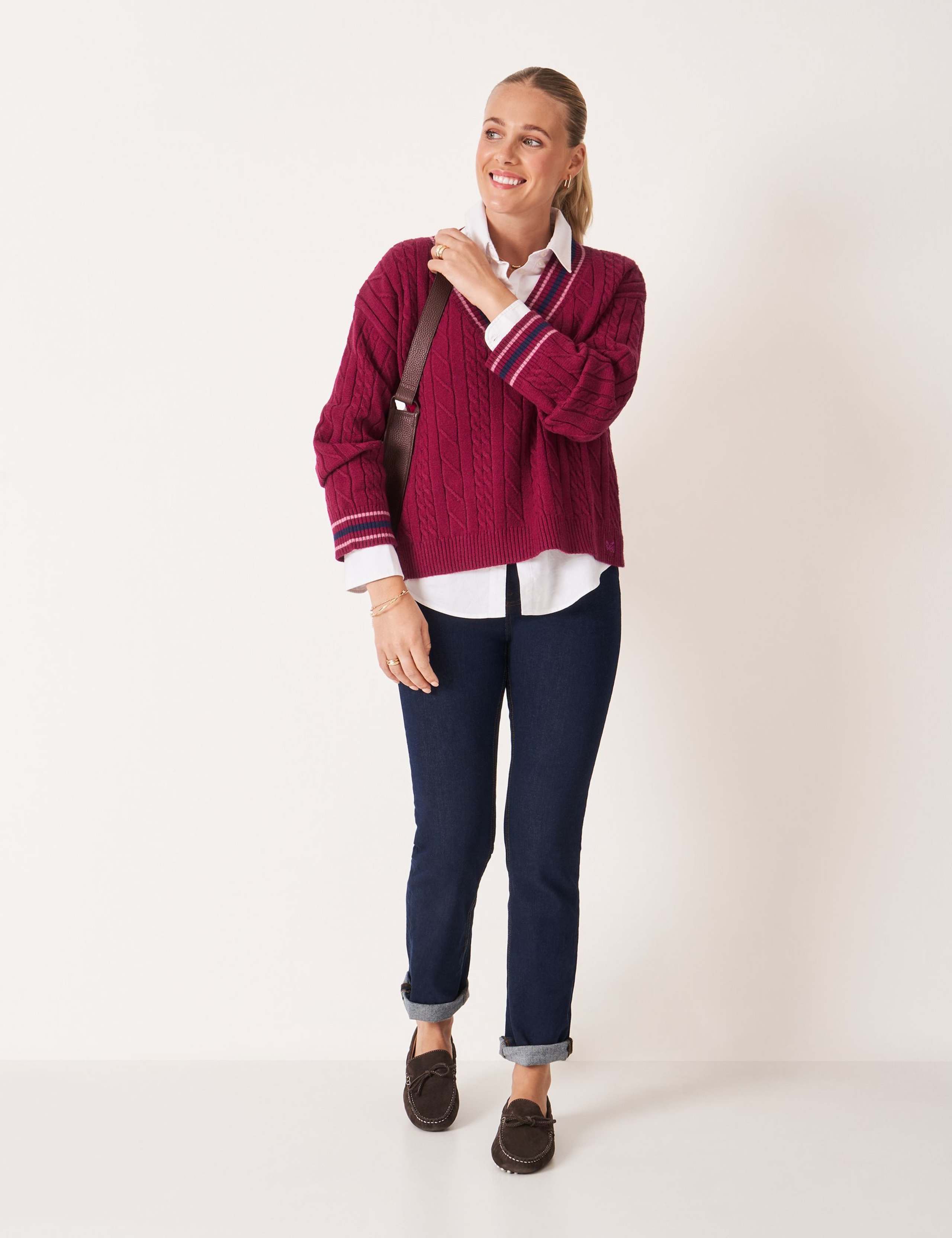 Cable Knit Striped V-Neck Jumper 1 of 5