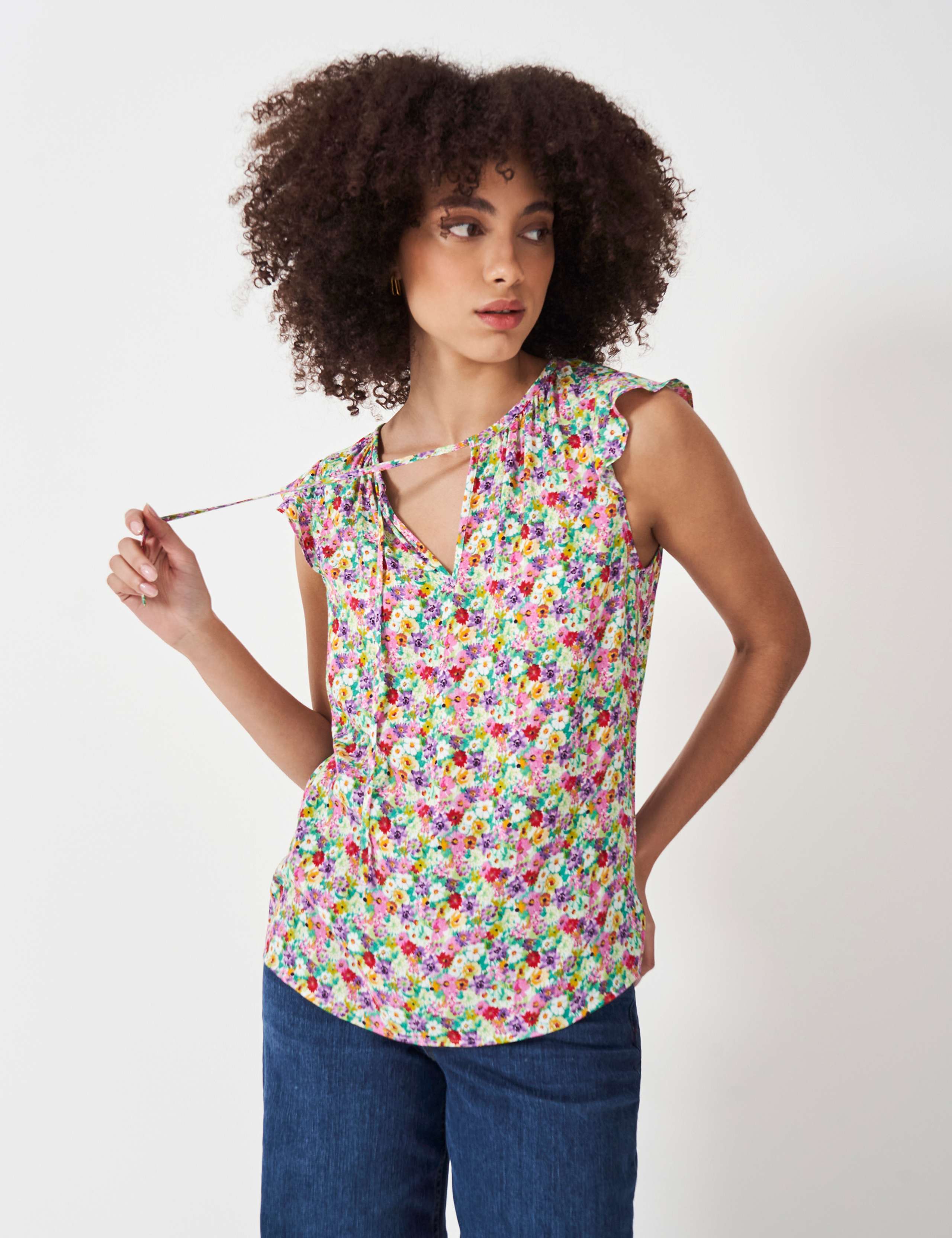 Ditsy Floral Tie Neck Frill Sleeve Top 1 of 5