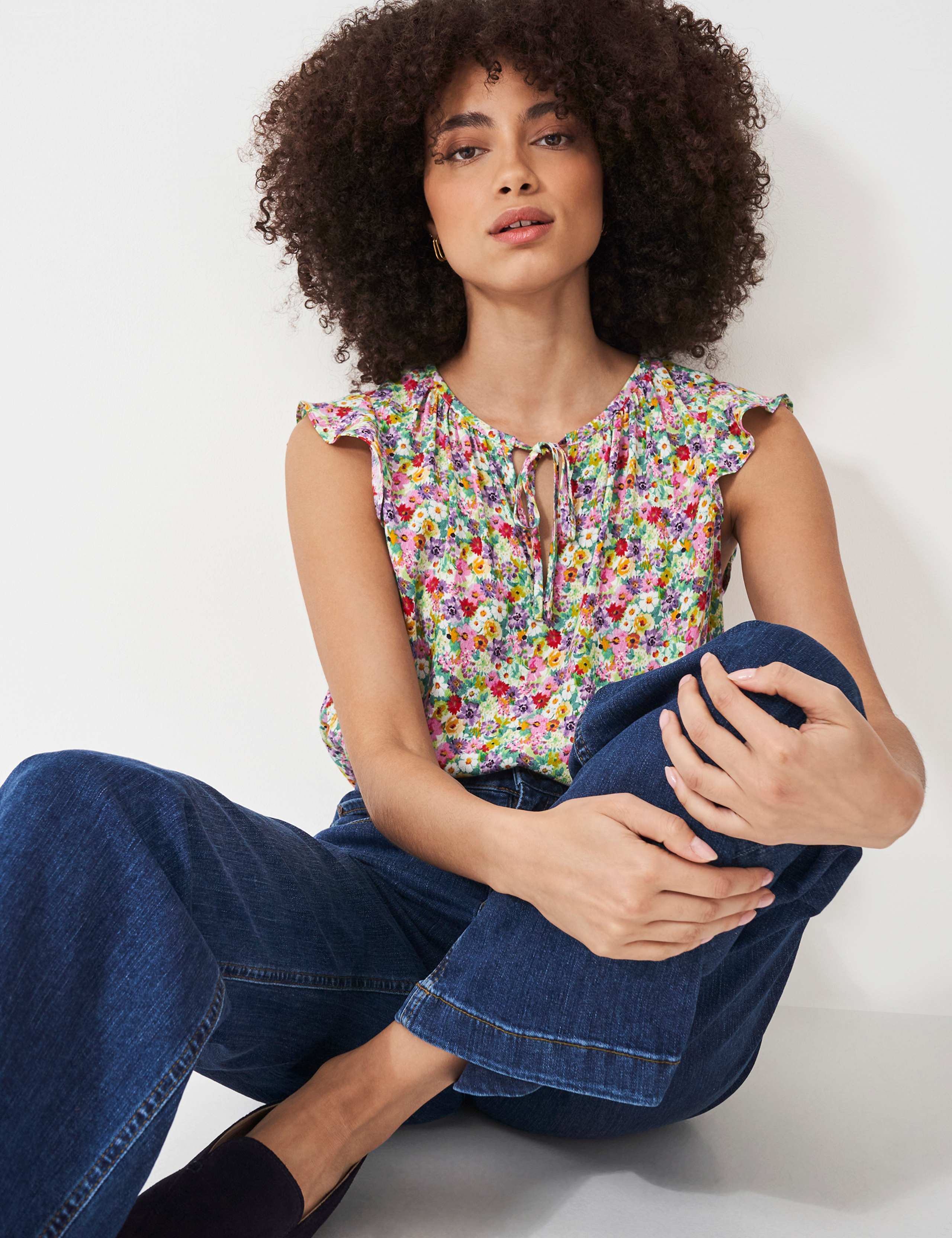 Ditsy Floral Tie Neck Frill Sleeve Top 2 of 5