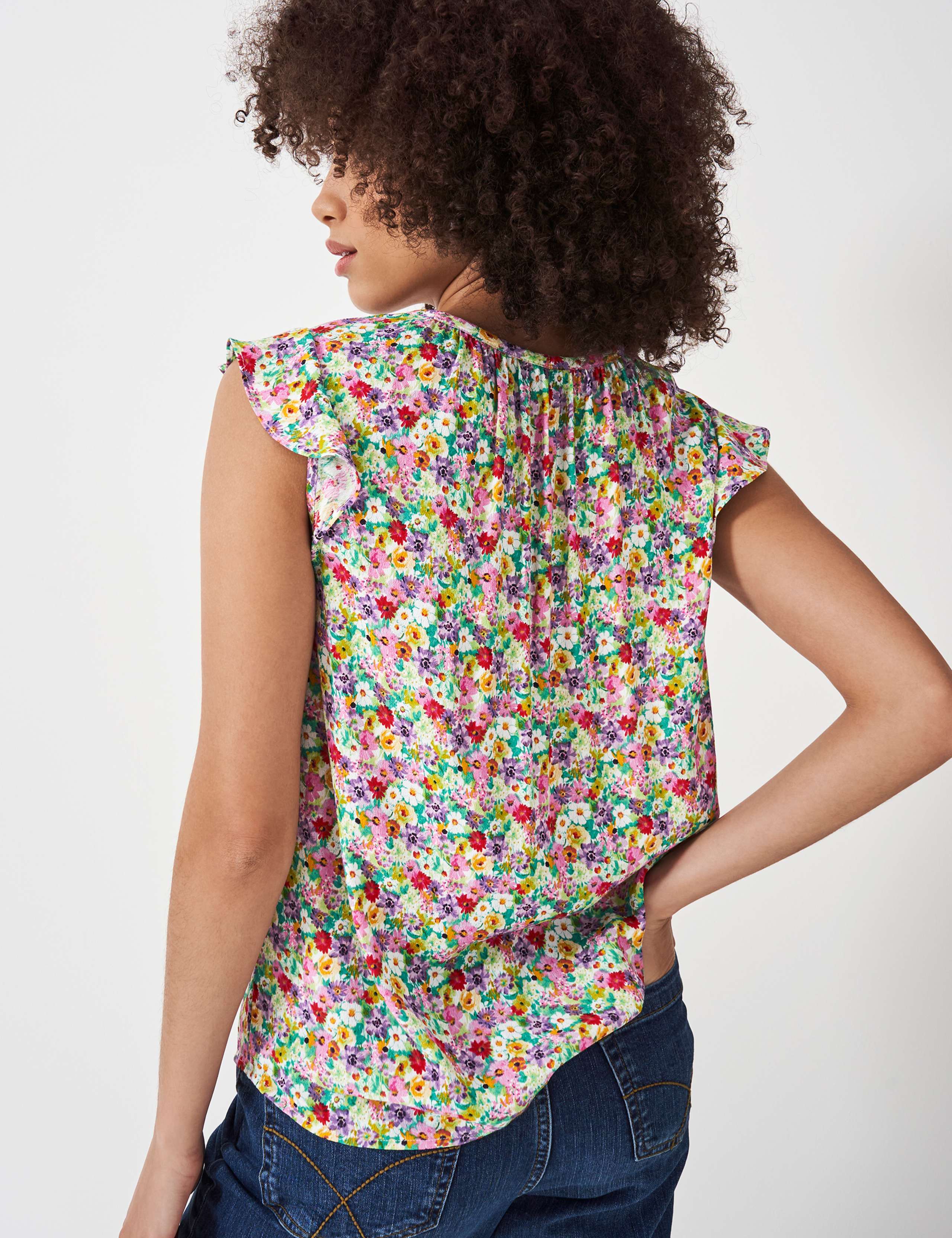 Ditsy Floral Tie Neck Frill Sleeve Top 3 of 5