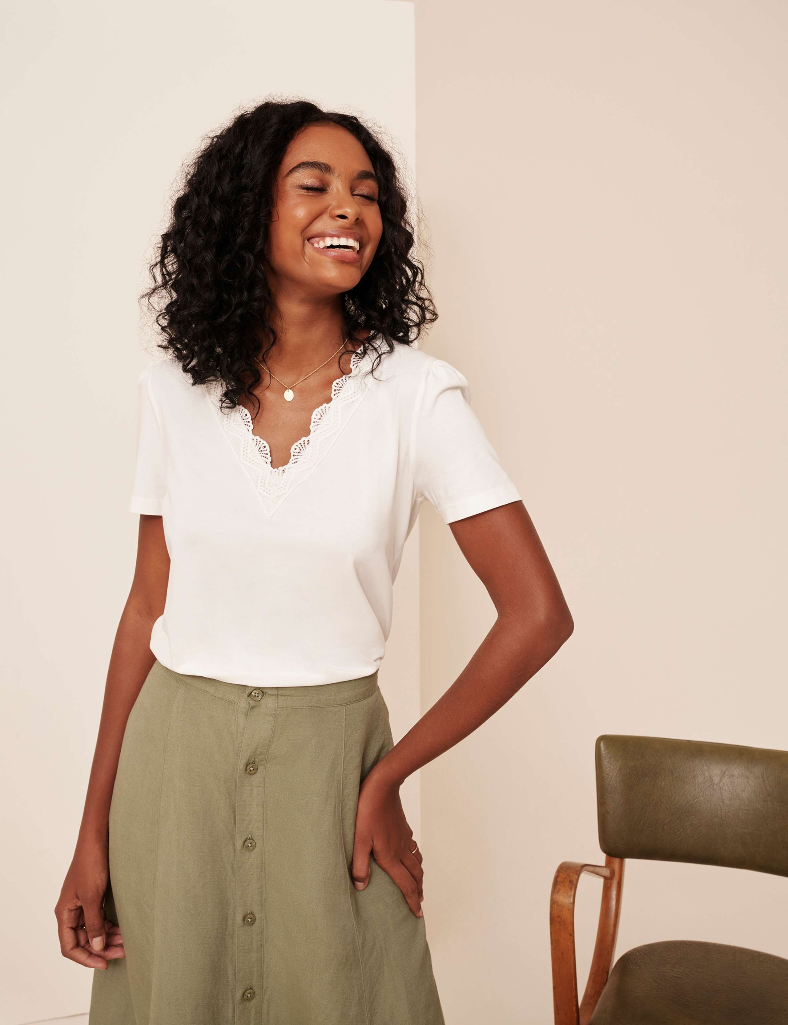 Cotton Rich V-Neck Lace Detail T-Shirt 1 of 5