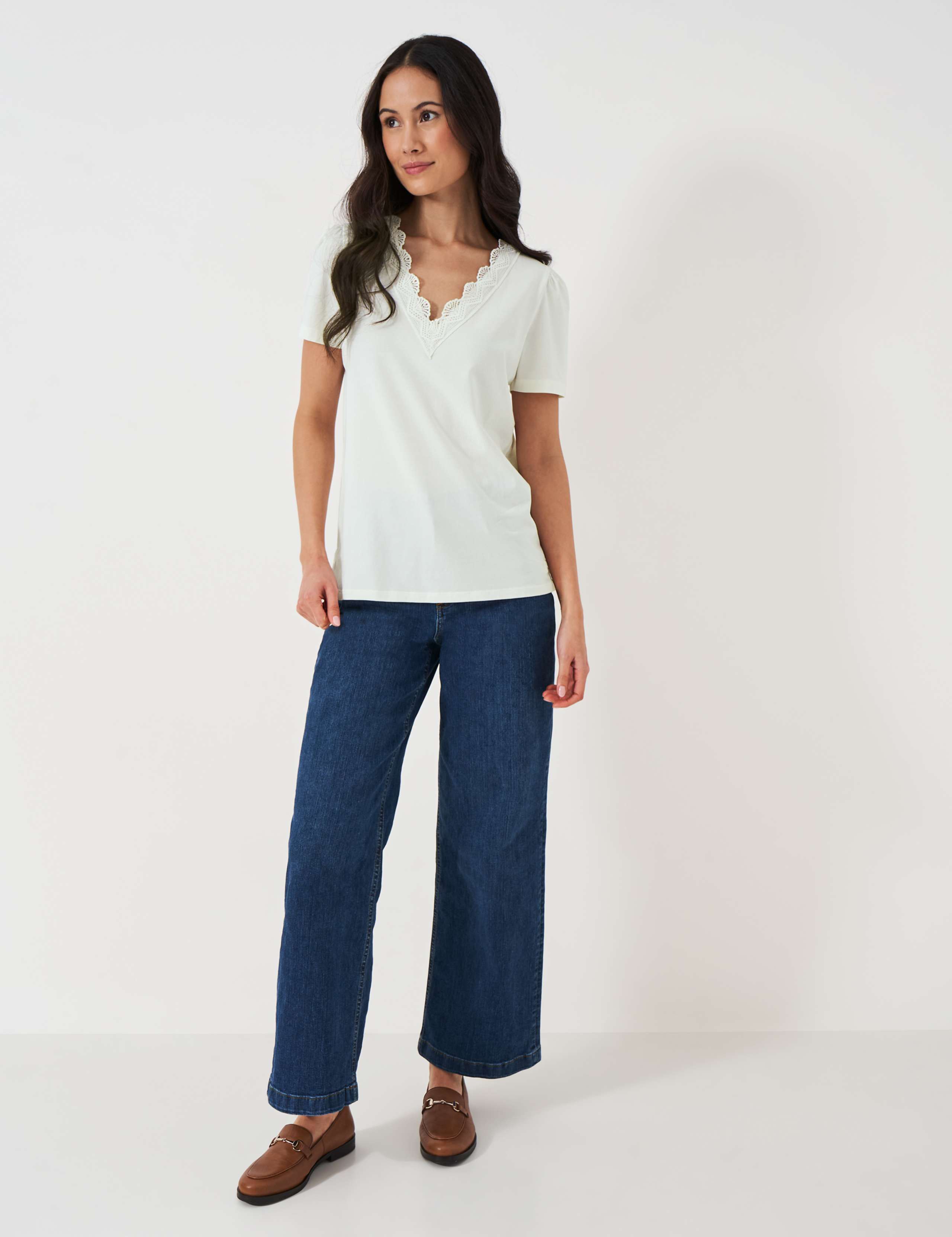 Cotton Rich V-Neck Lace Detail T-Shirt 3 of 5