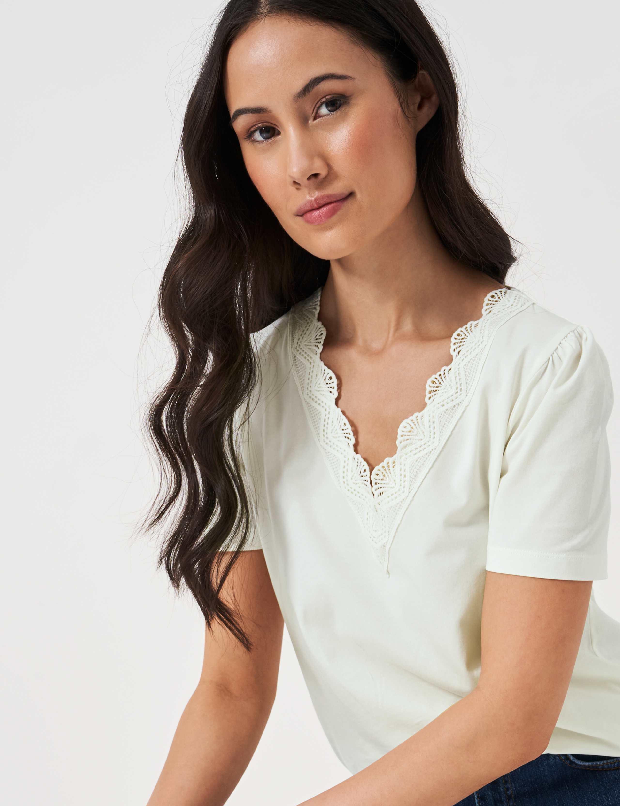 Cotton Rich V-Neck Lace Detail T-Shirt 5 of 5