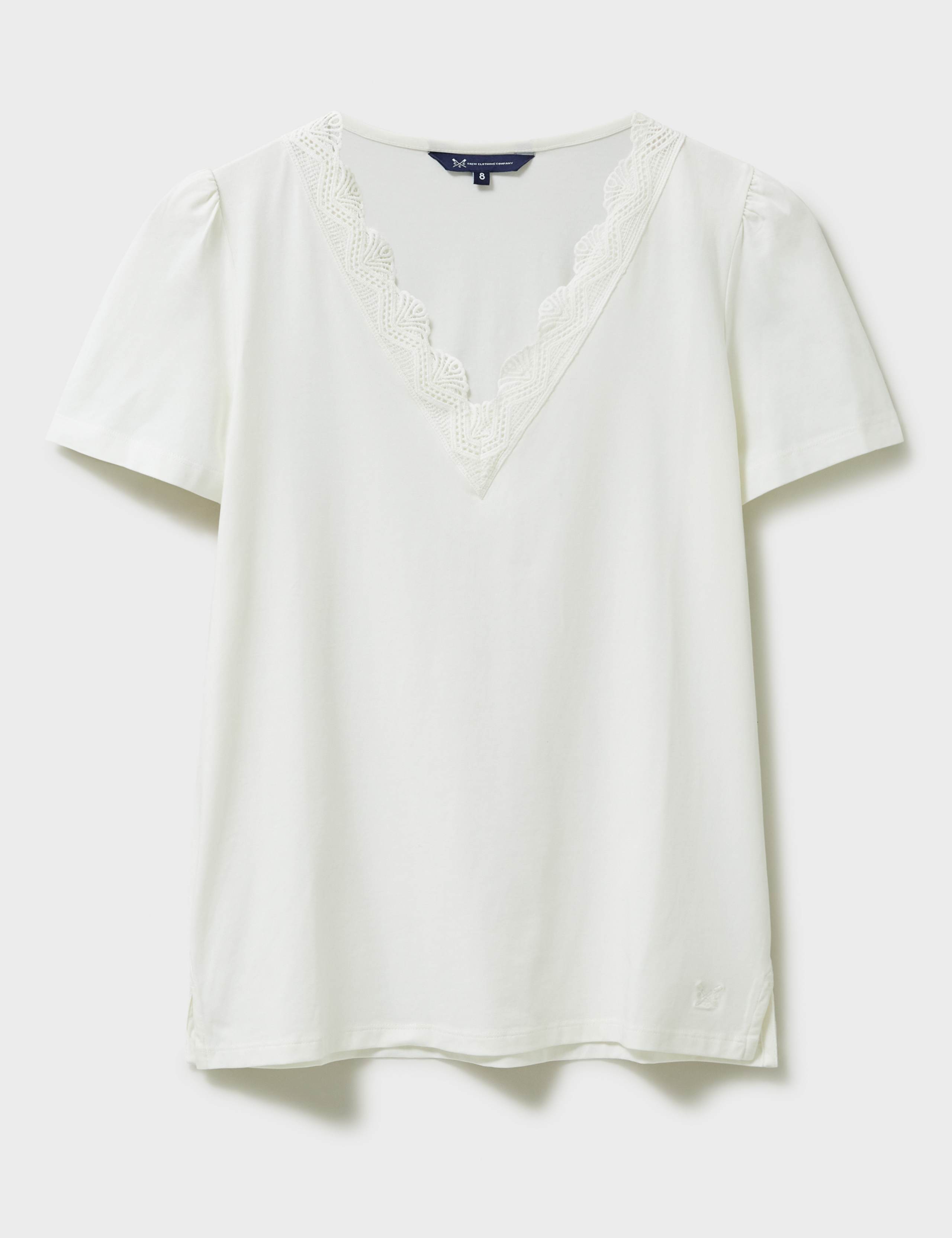 Cotton Rich V-Neck Lace Detail T-Shirt 2 of 5