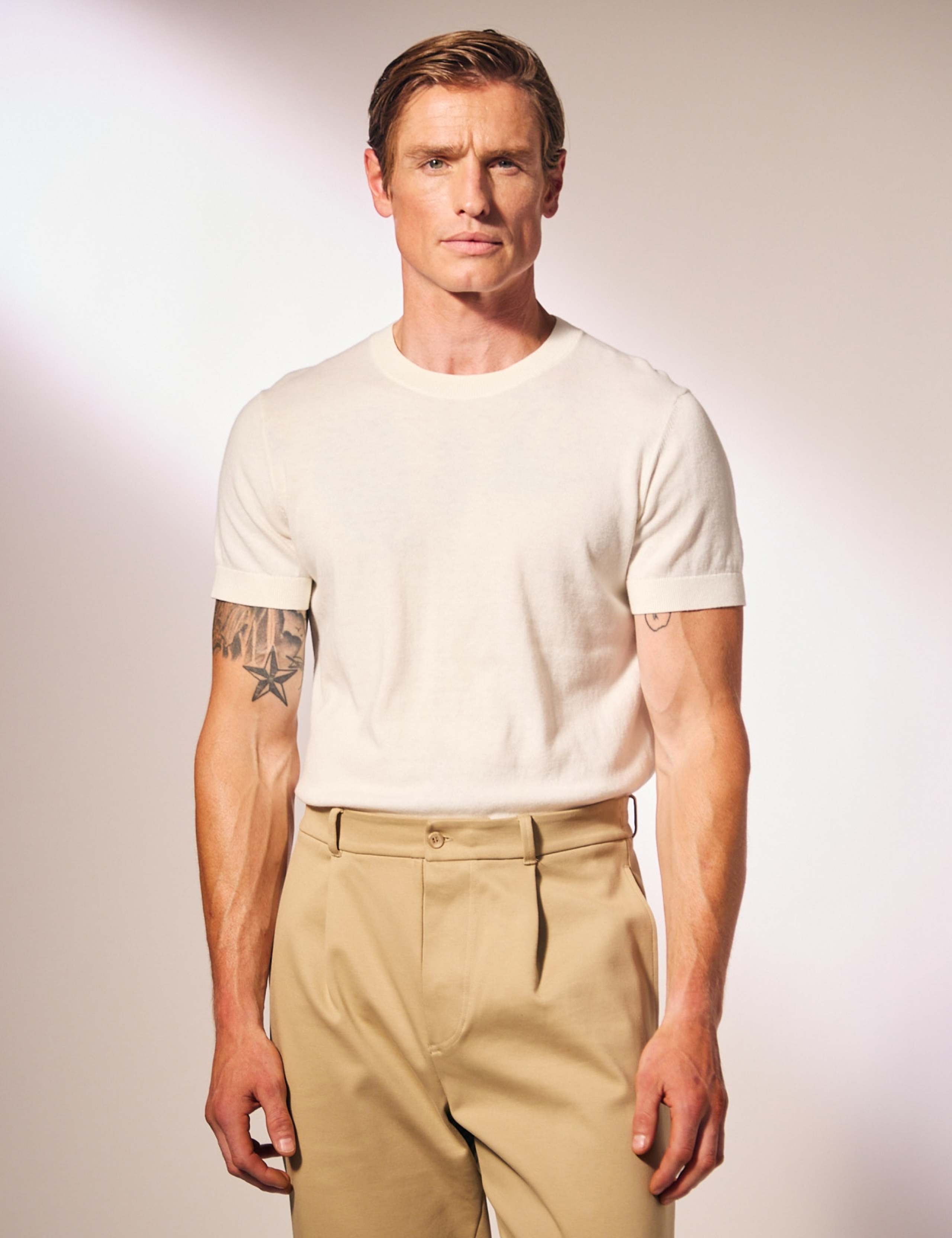 Cotton Rich Crew Neck Knitted Tee with Silk 1 of 3