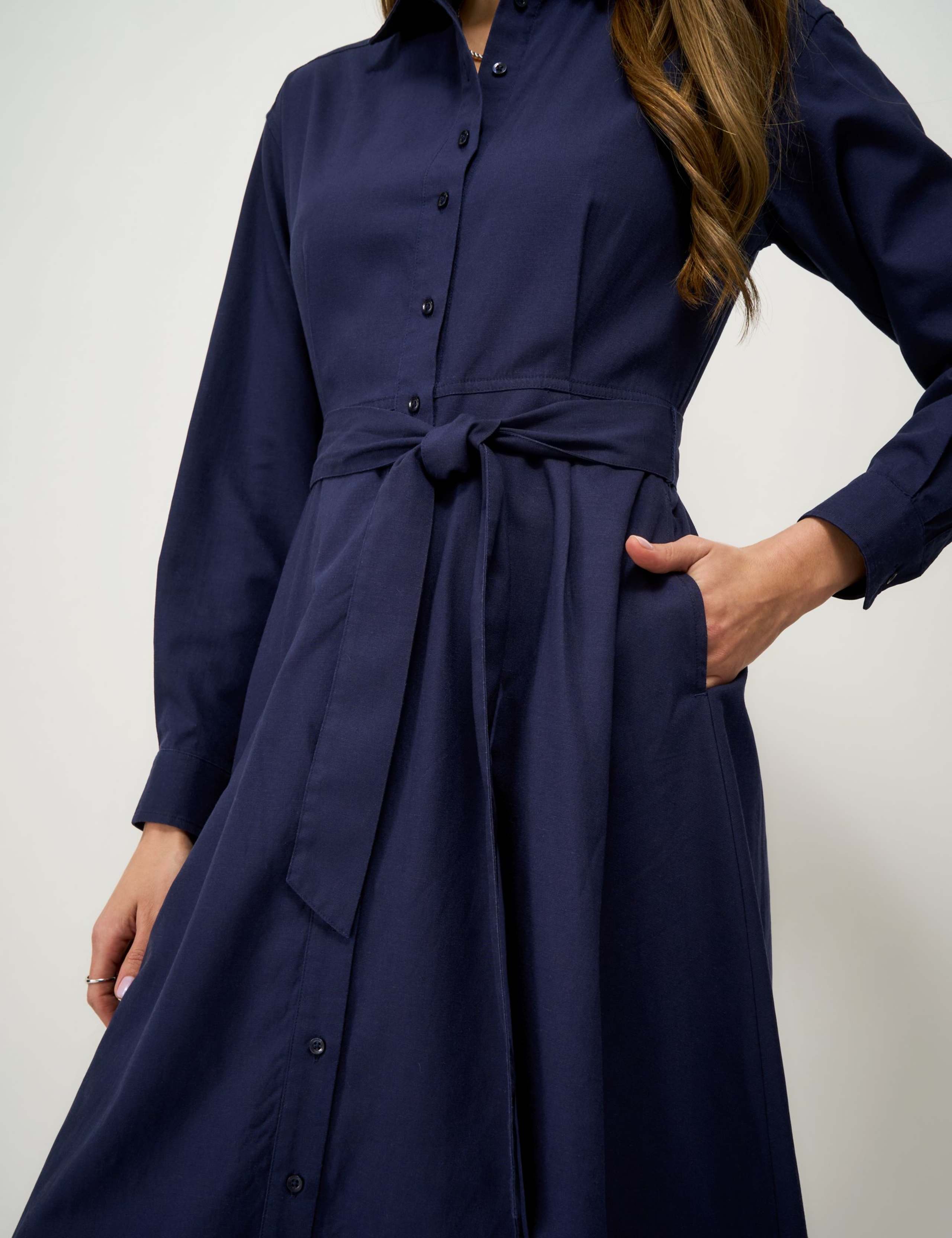 Belted Midi Shirt Dress with Linen 3 of 5