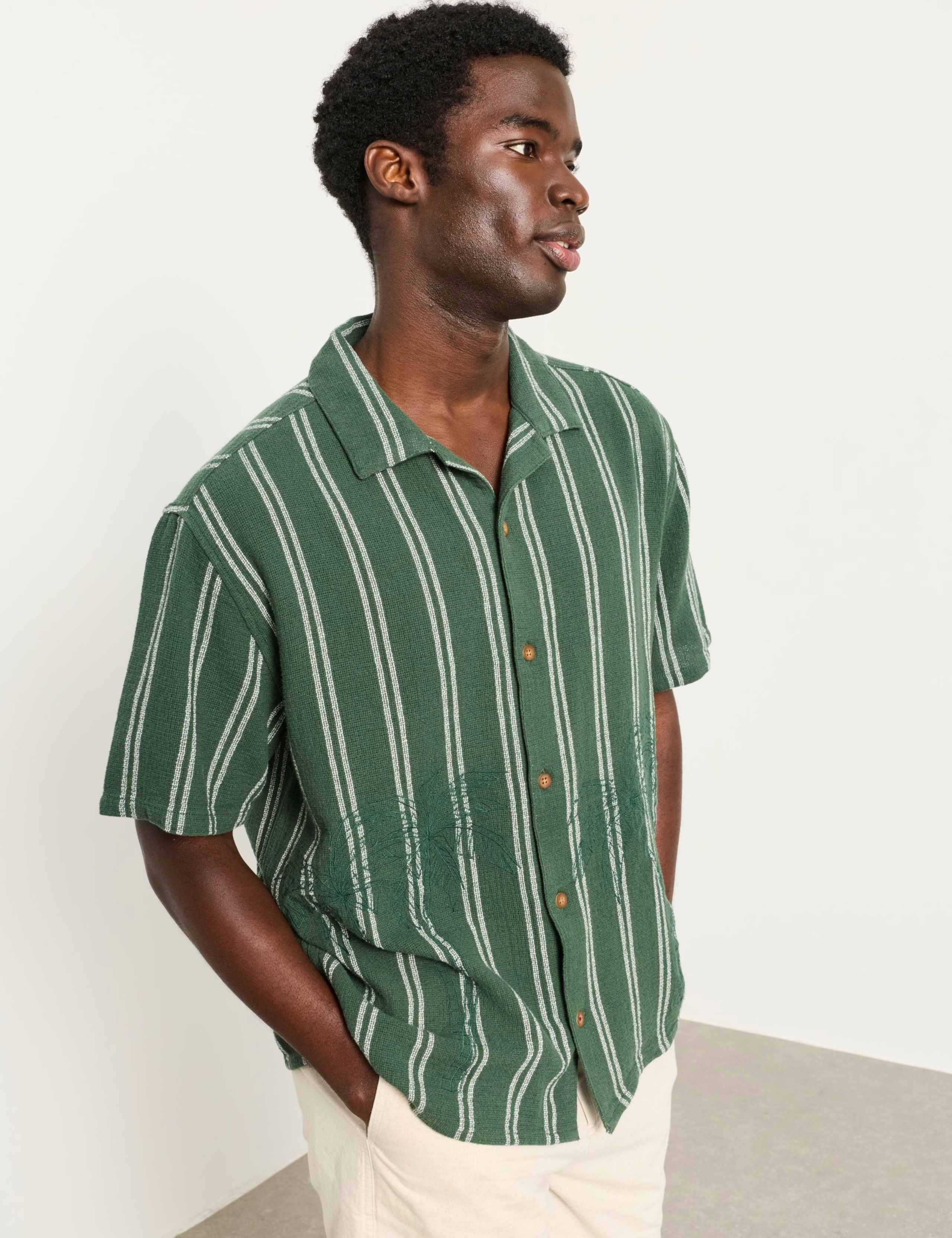 Pure Cotton Embroidered Palm Striped Shirt 1 of 6