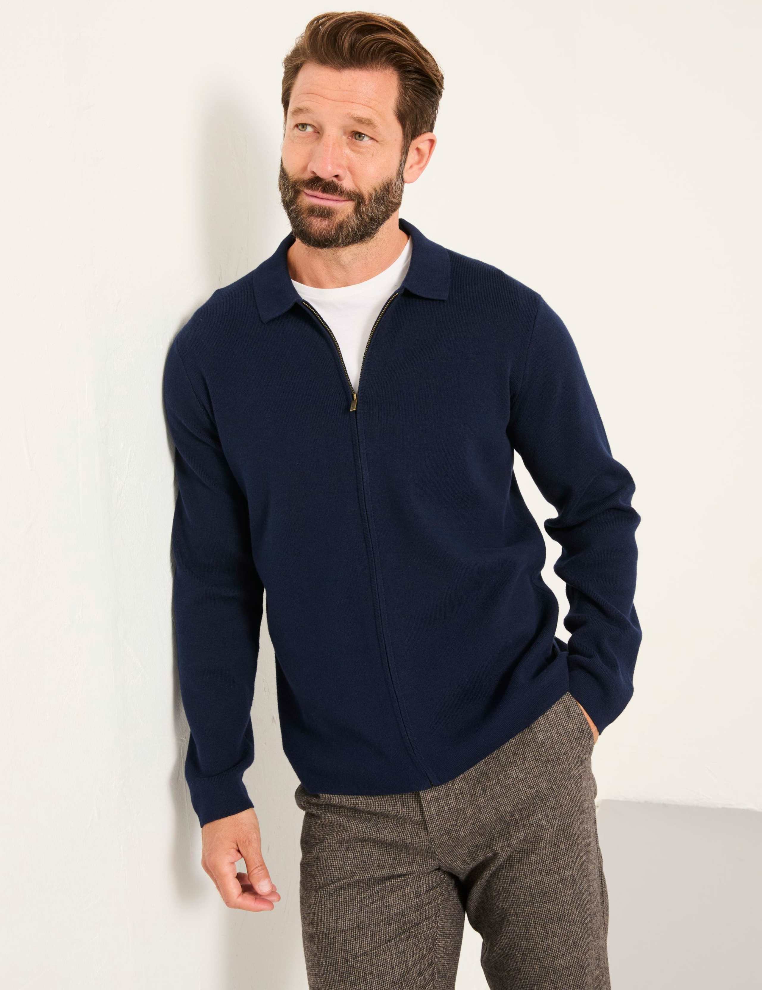 Cotton Rich Collared Neck Zip Up Cardigan 1 of 5