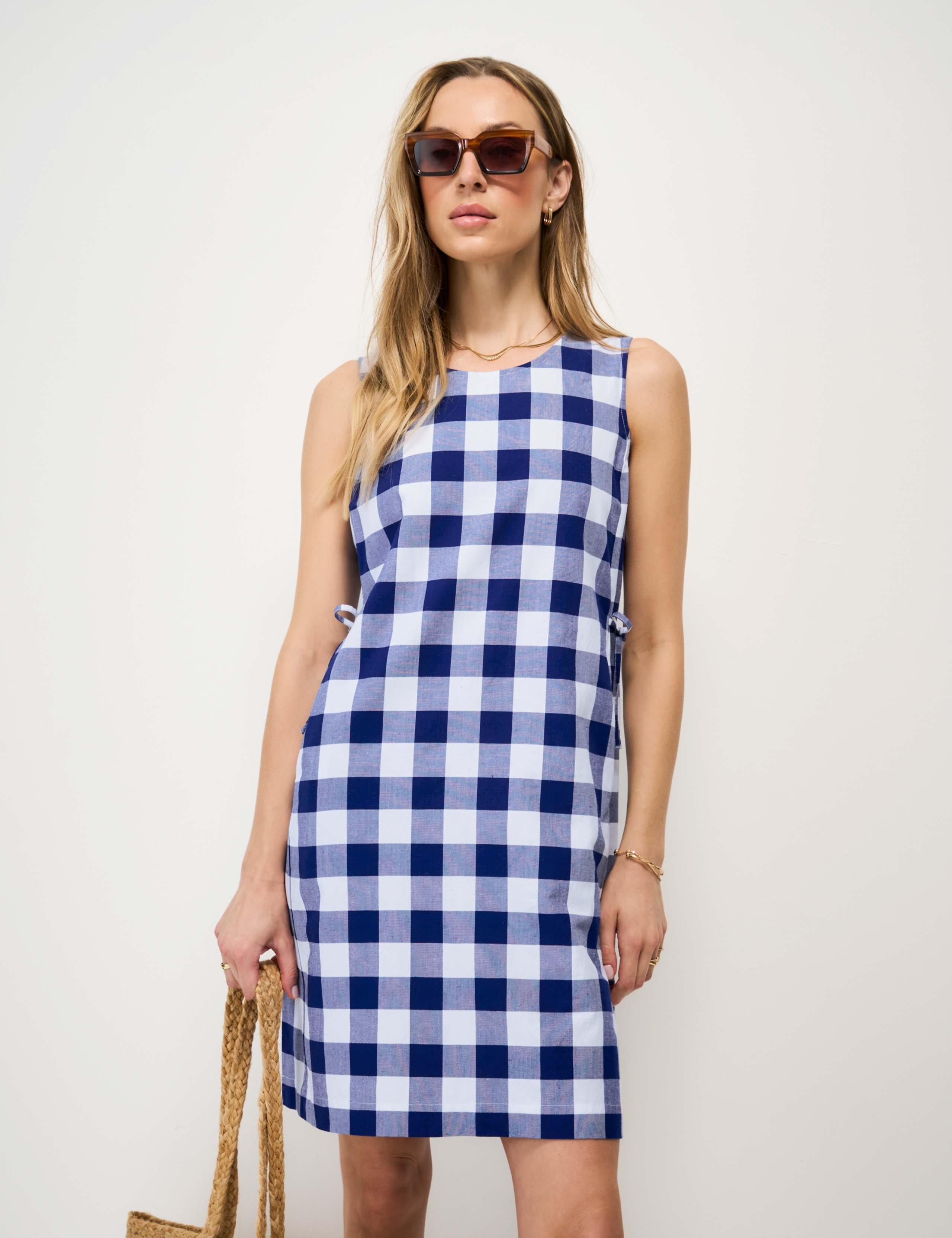 Gingham Mini Shift Dress with Linen 5 of 6