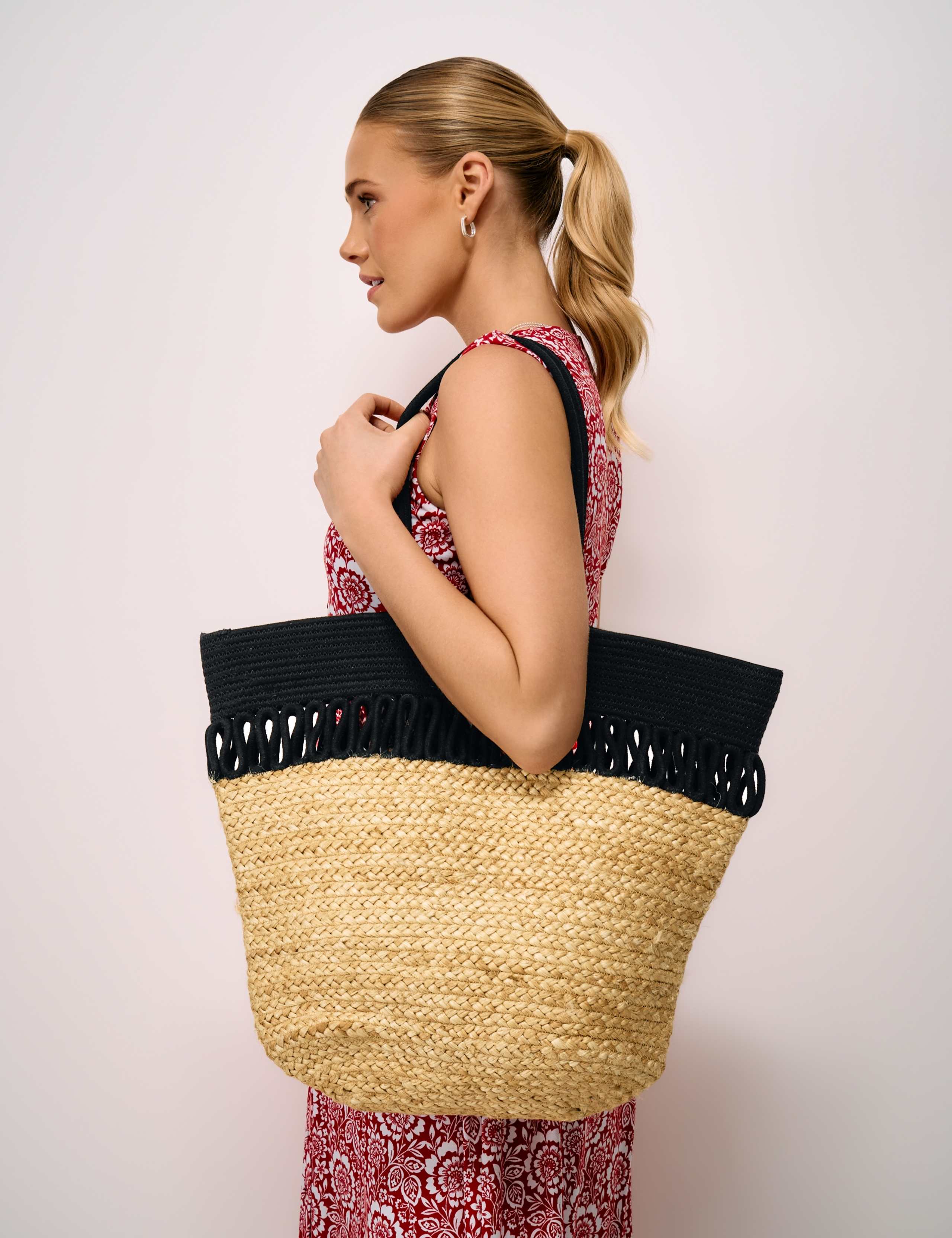 Jute Woven Contrast Trim Shoulder Tote Bag 3 of 3