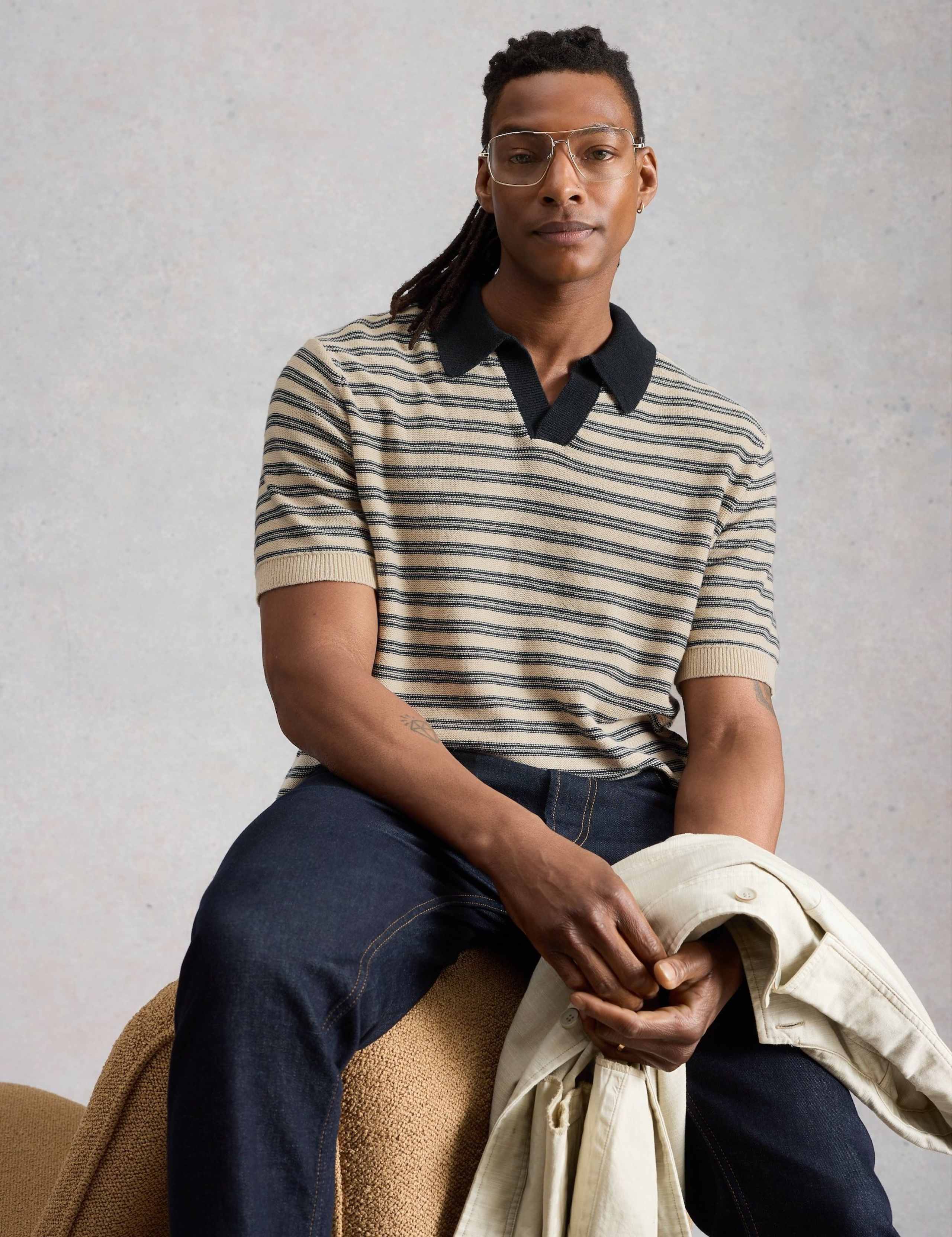 Cotton Linen Blend Striped Knitted Polo Shirt 3 of 6