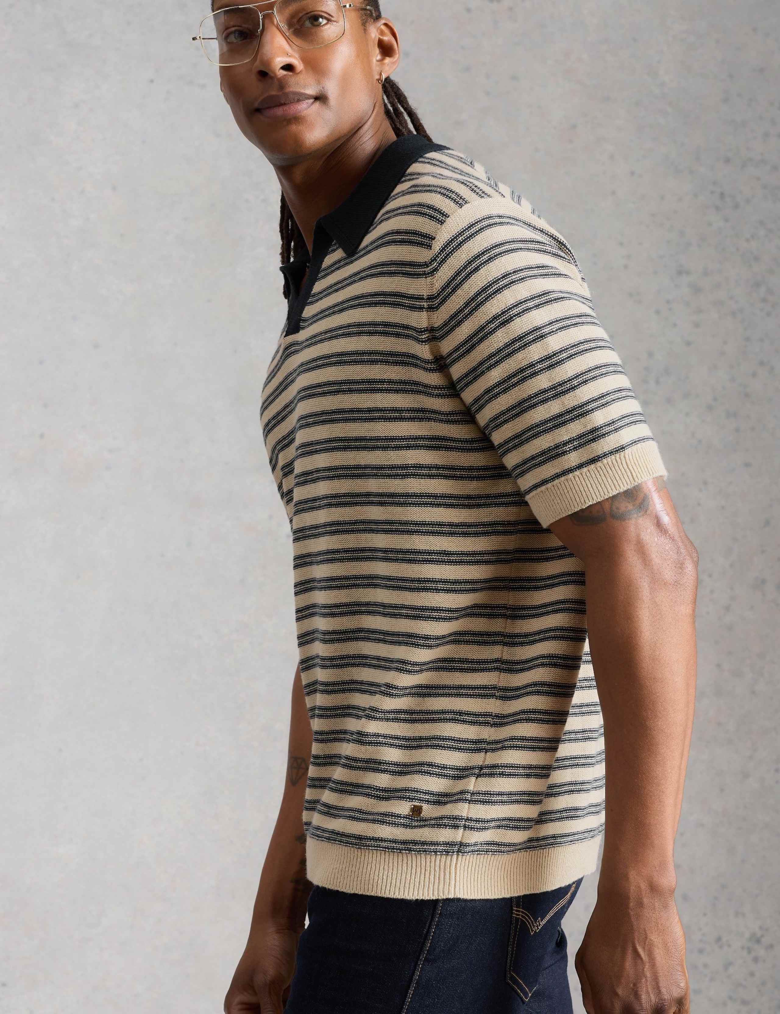 Cotton Linen Blend Striped Knitted Polo Shirt 4 of 6