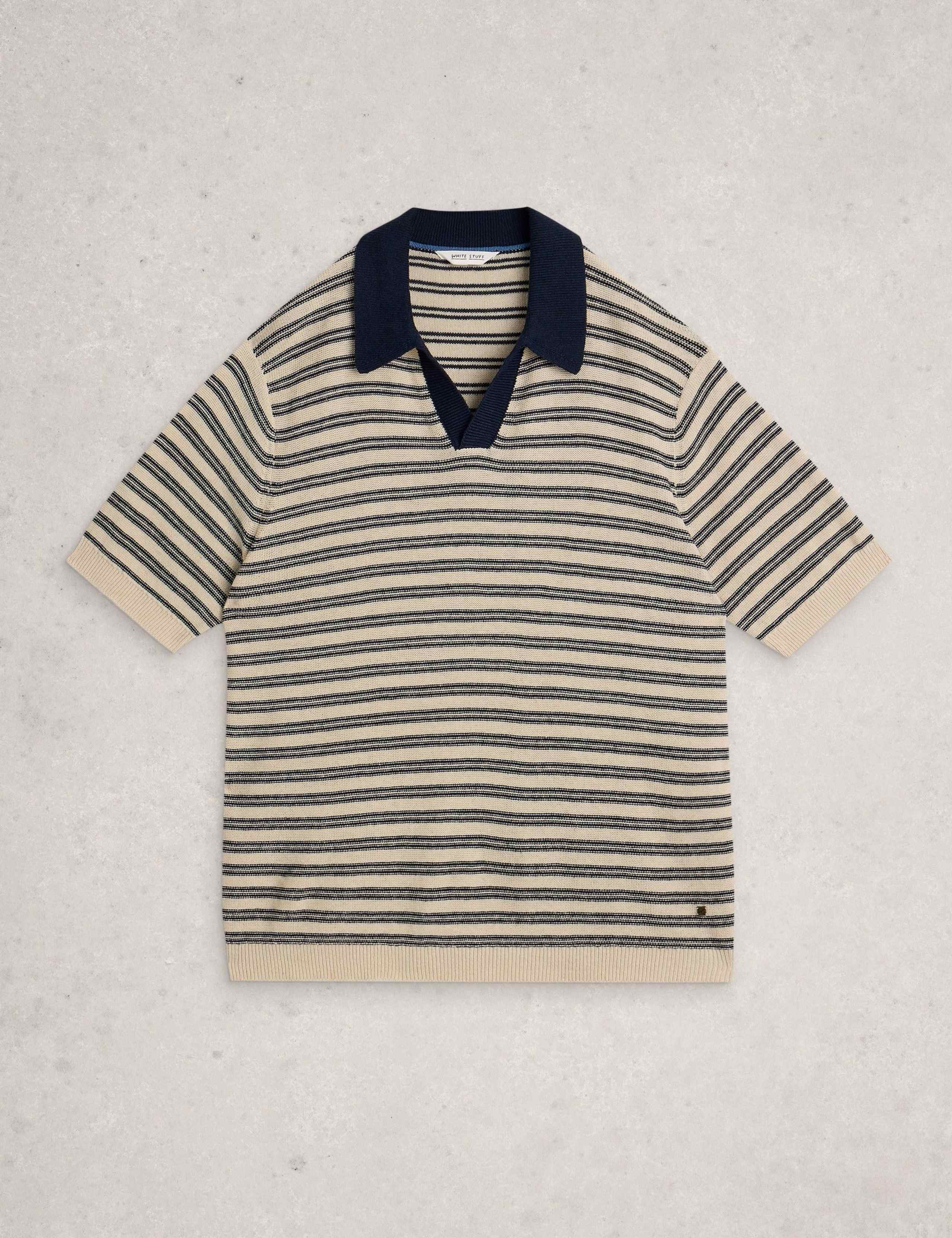 Cotton Linen Blend Striped Knitted Polo Shirt 2 of 6