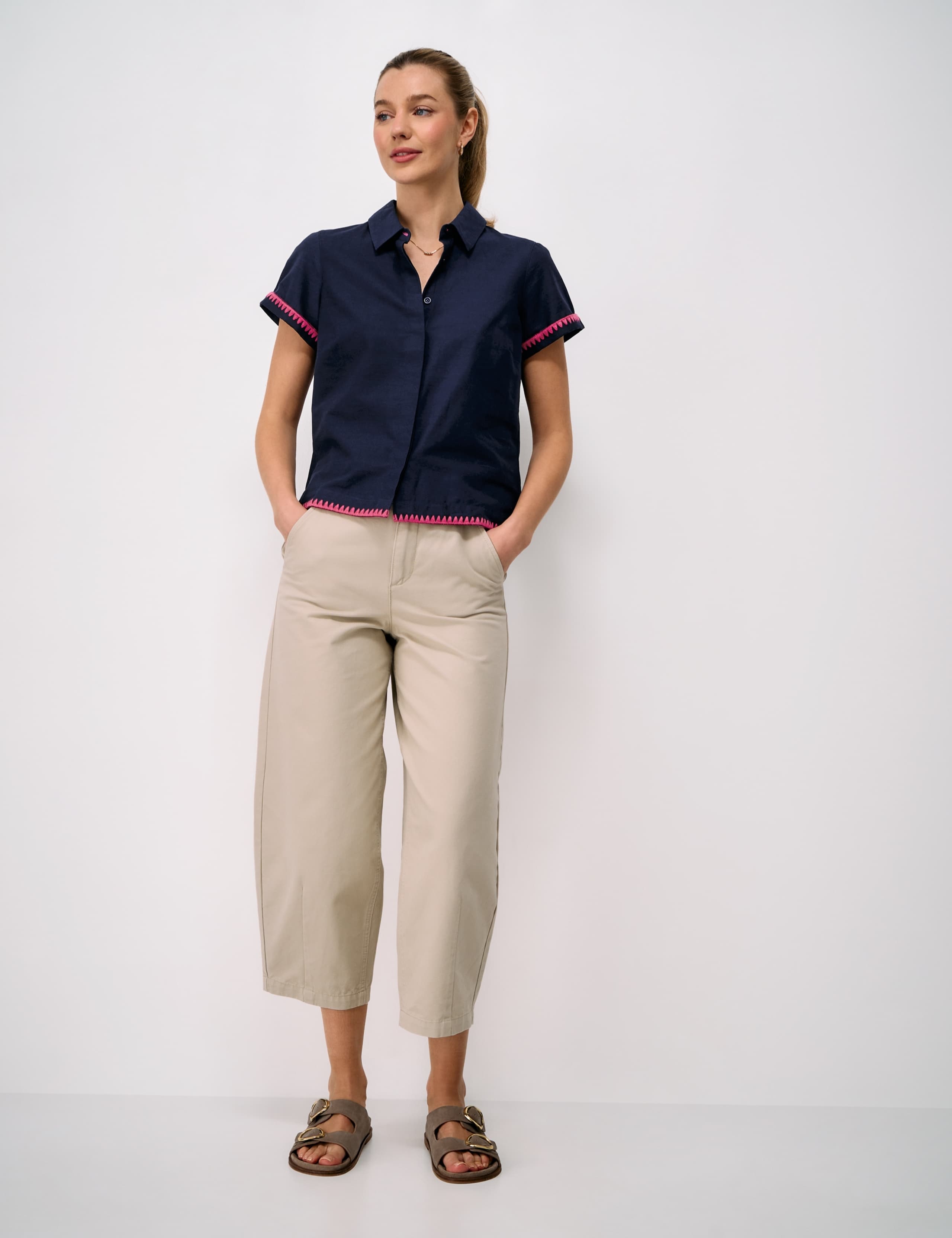 Cotton Rich Edge Stitched Shirt with Linen 3 of 5