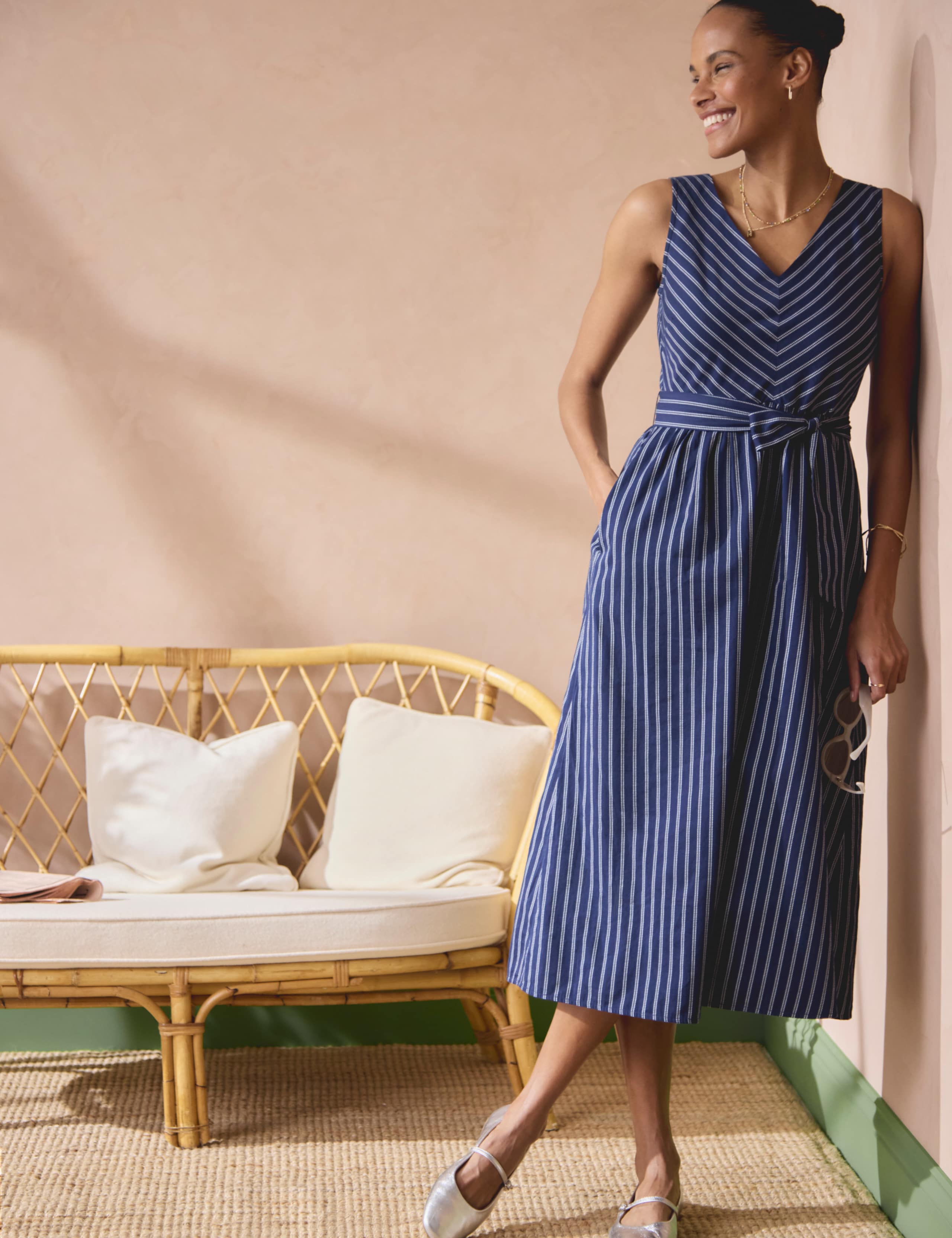 Pure Cotton Striped Midi Skater Dress 1 of 5