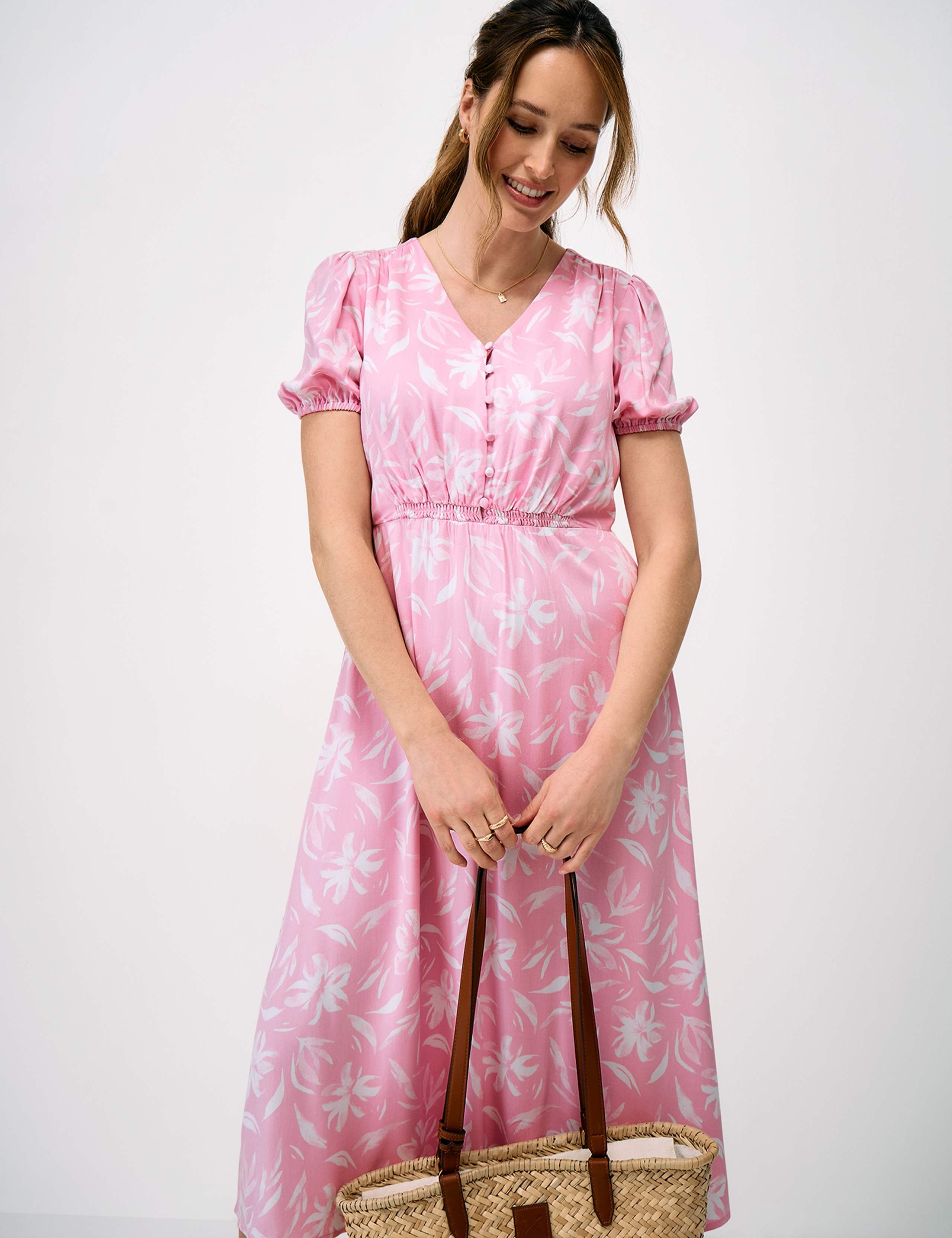 Floral V-Neck Puff Sleeve Midi Tea Dress 3 of 5