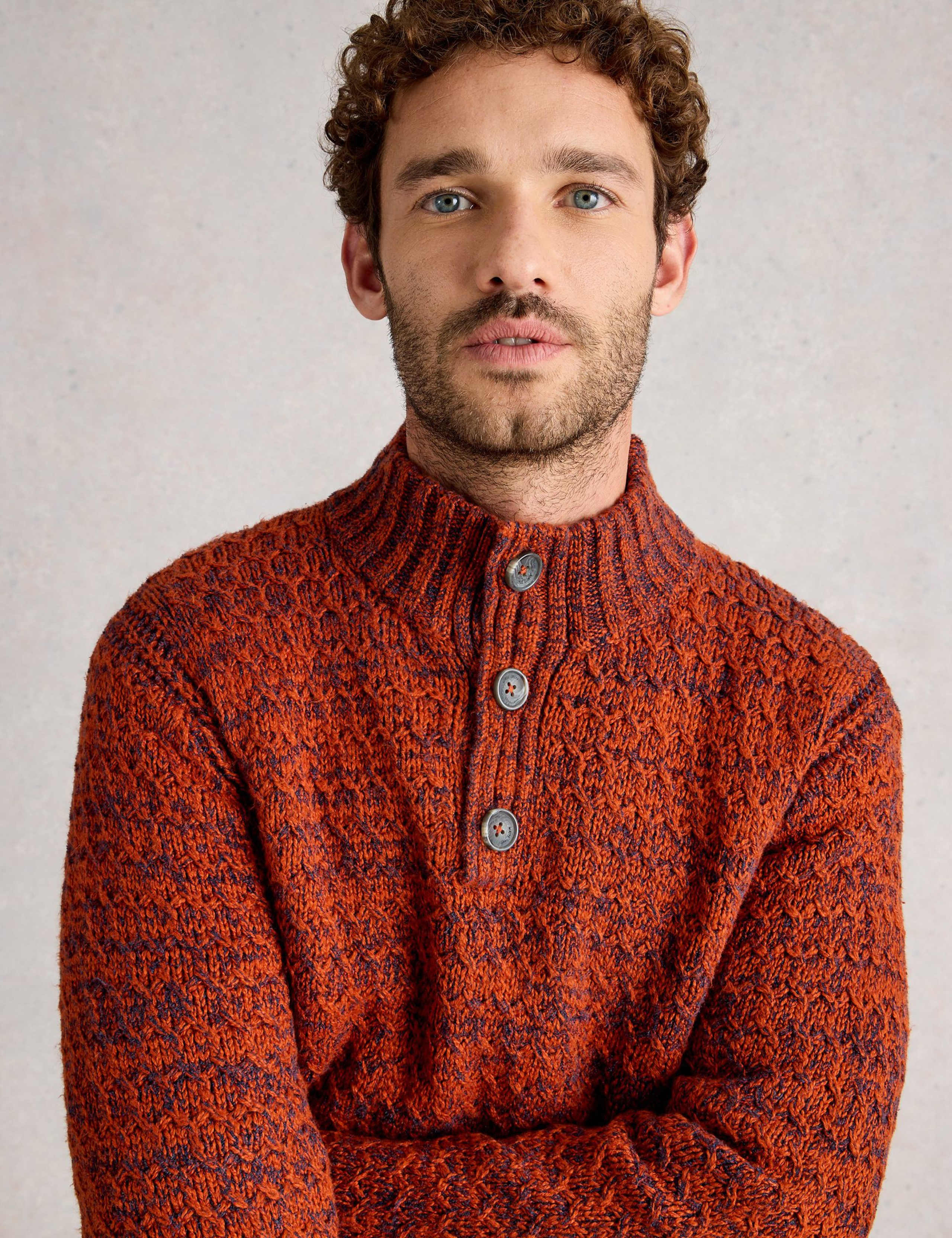 Cotton Rich Twisted Knit Button Neck Jumper 3 of 6