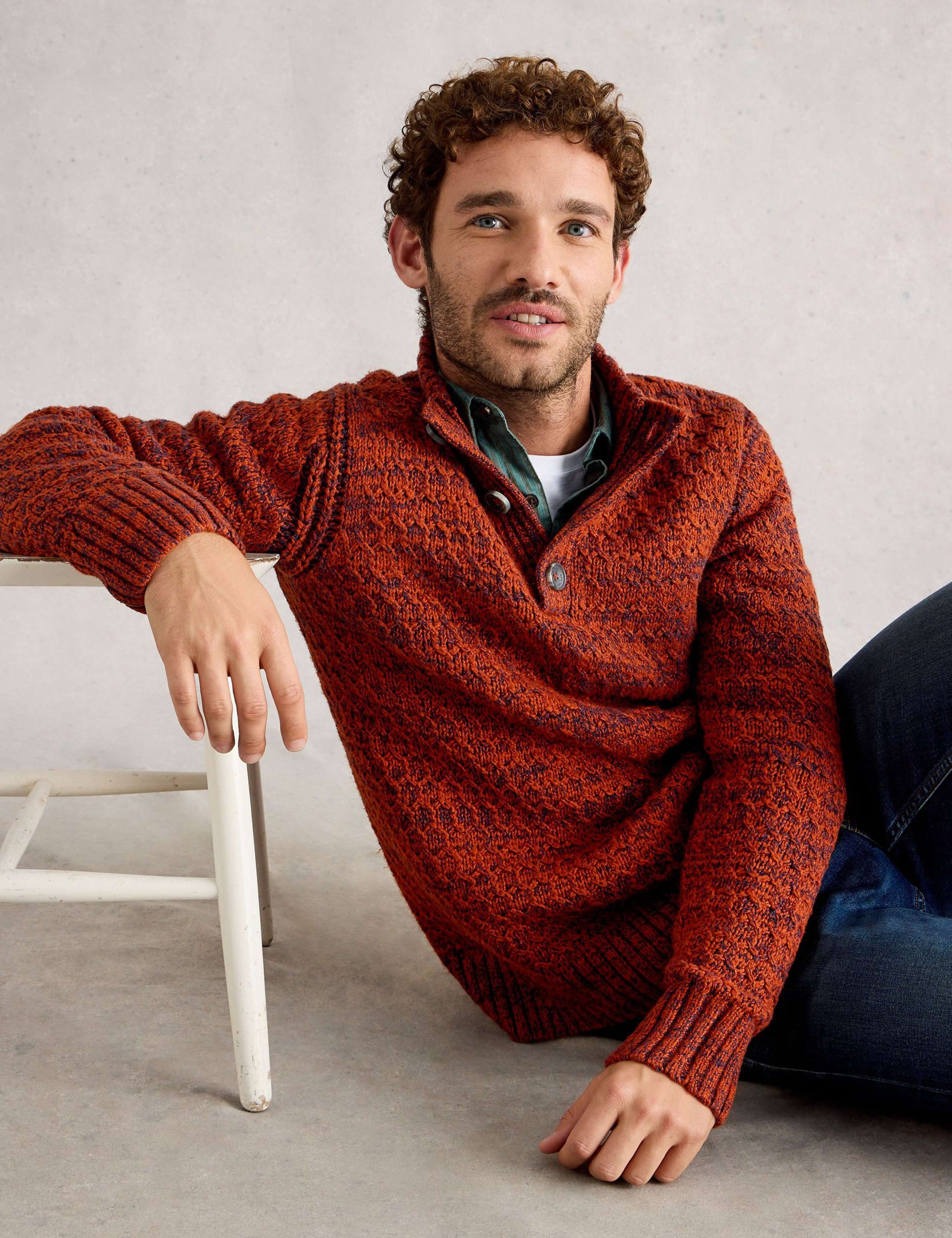 Cotton Rich Twisted Knit Button Neck Jumper 5 of 6