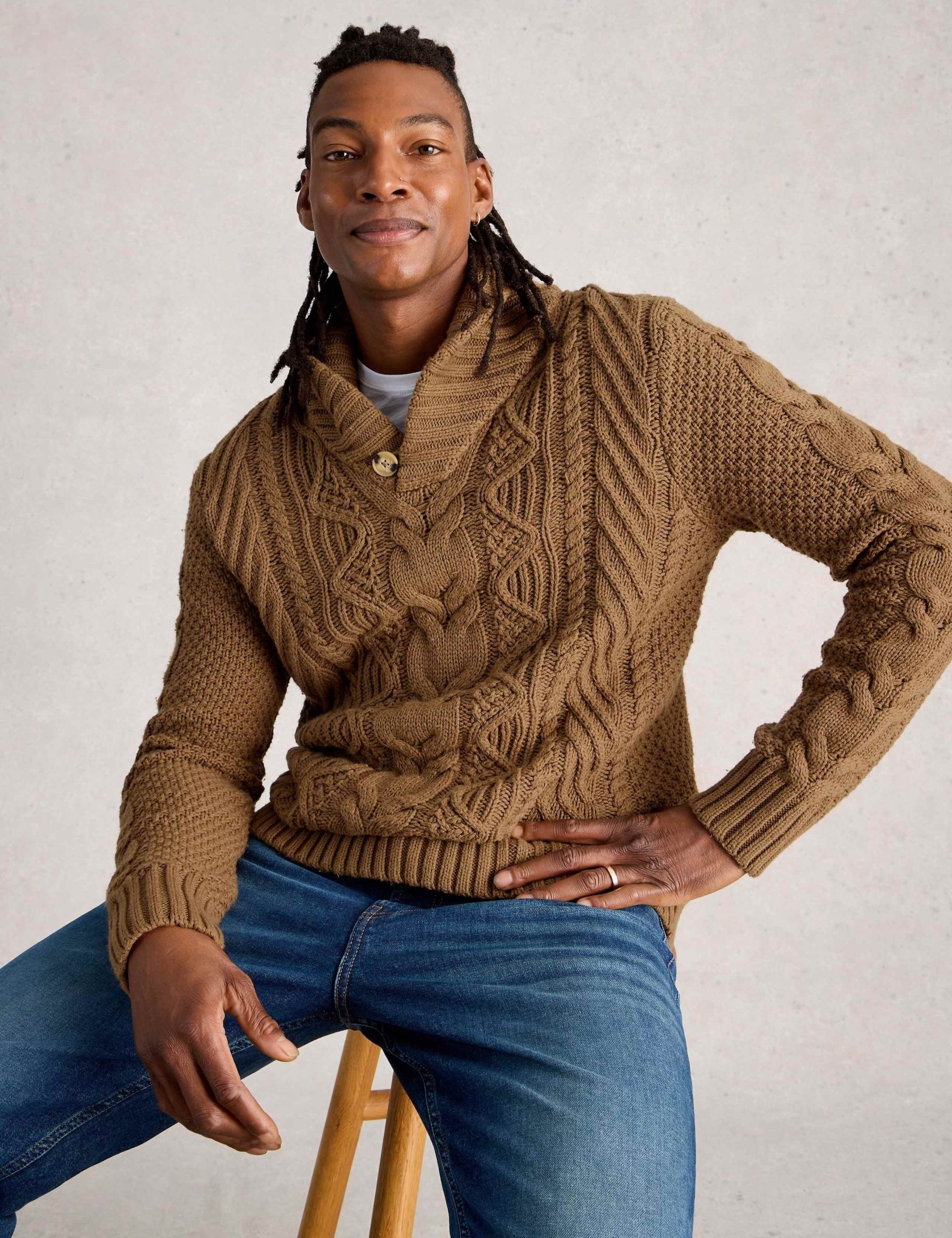 Cotton Rich Cable Shawl Neck Jumper with Wool 3 of 6