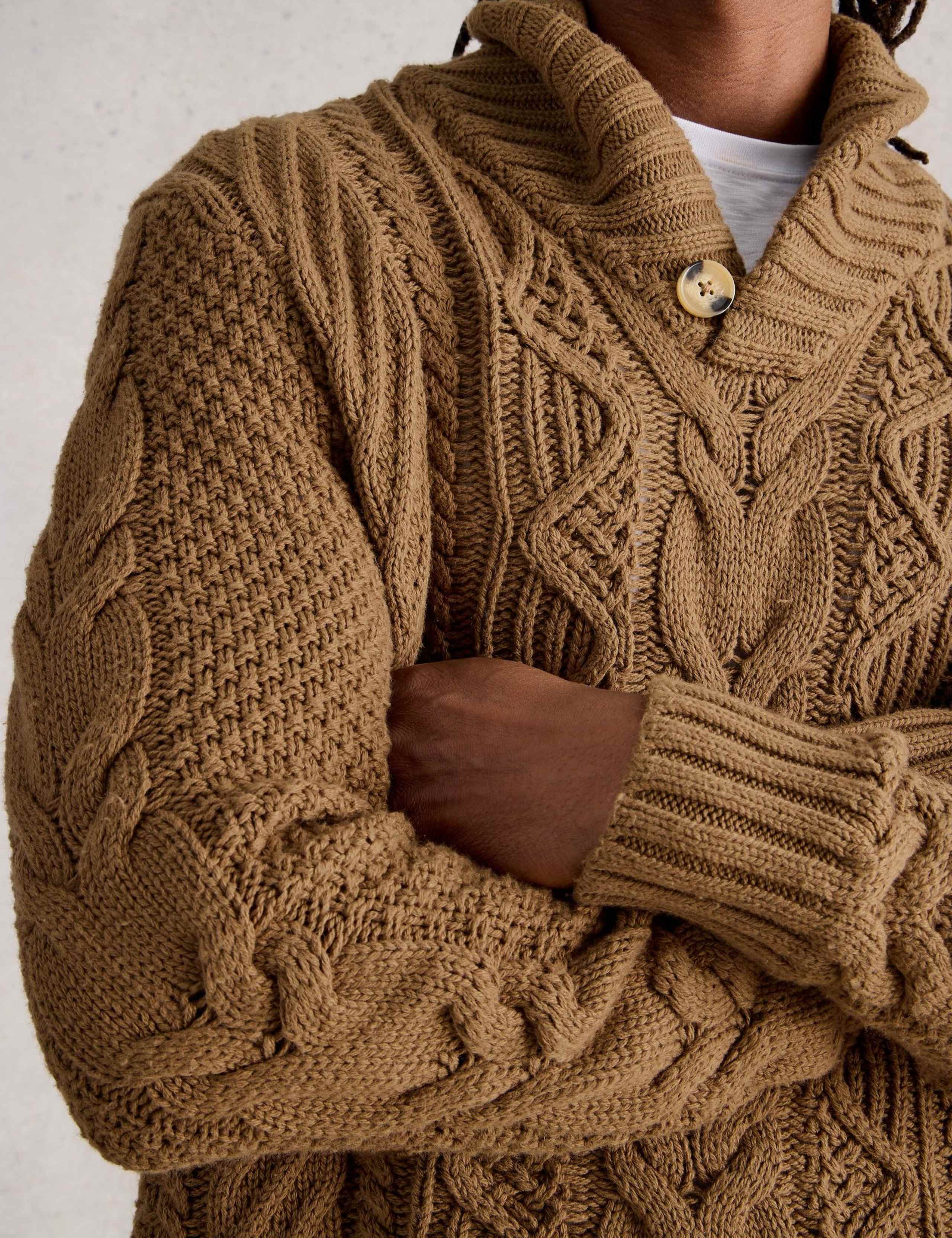 Cotton Rich Cable Shawl Neck Jumper with Wool 5 of 6