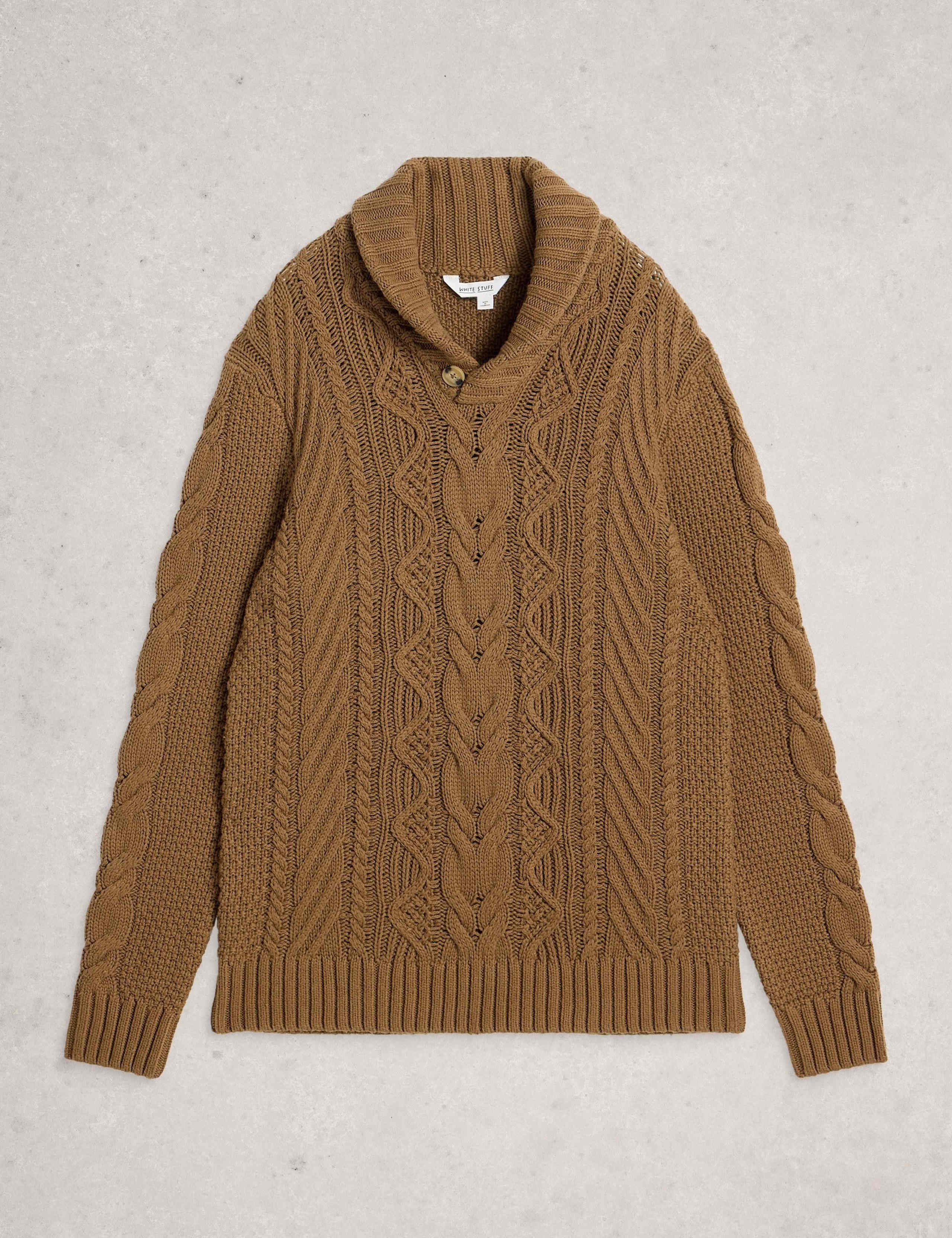 Cotton Rich Cable Shawl Neck Jumper with Wool 6 of 6