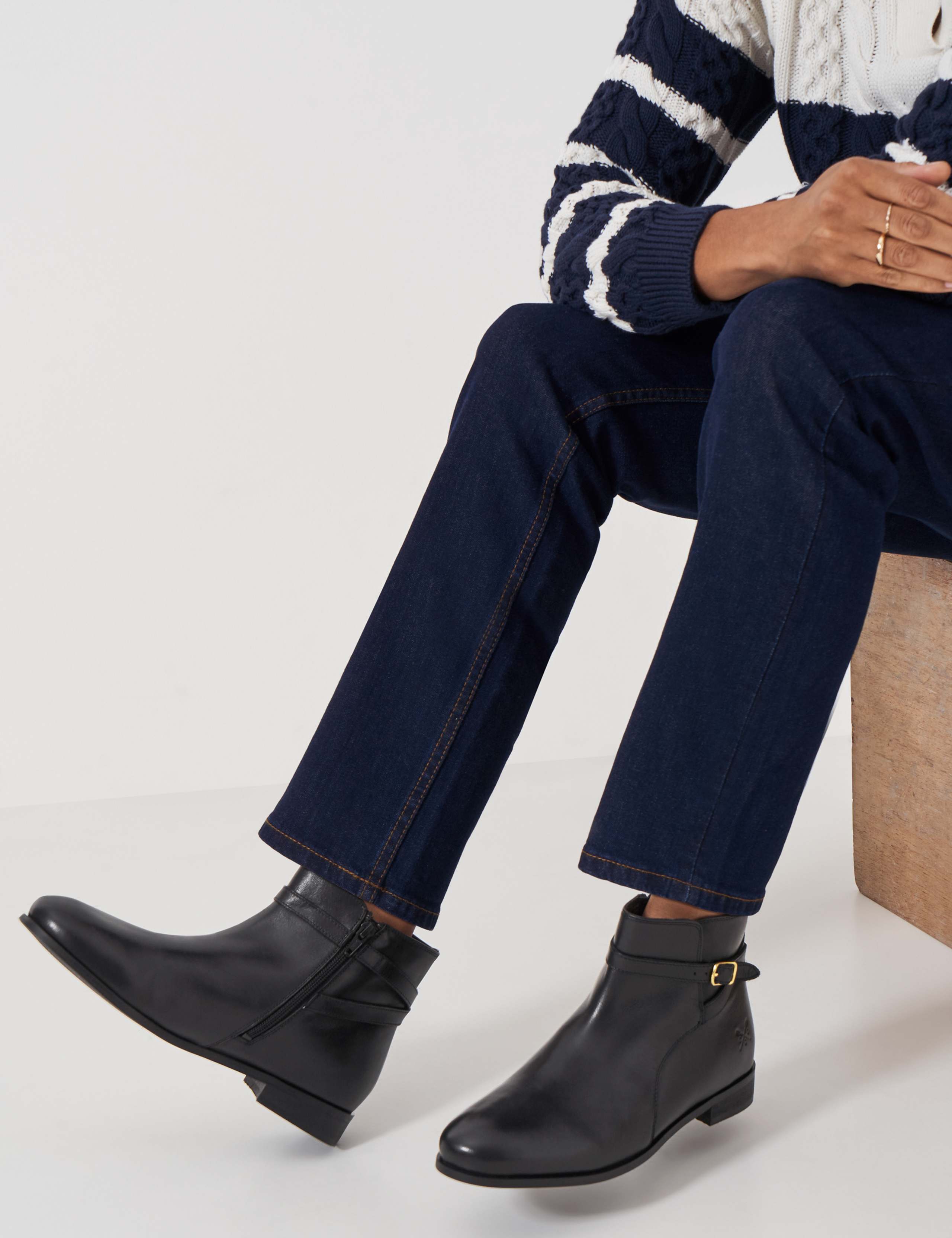 Leather Buckle Flat Round Toe Ankle Boots 1 of 4